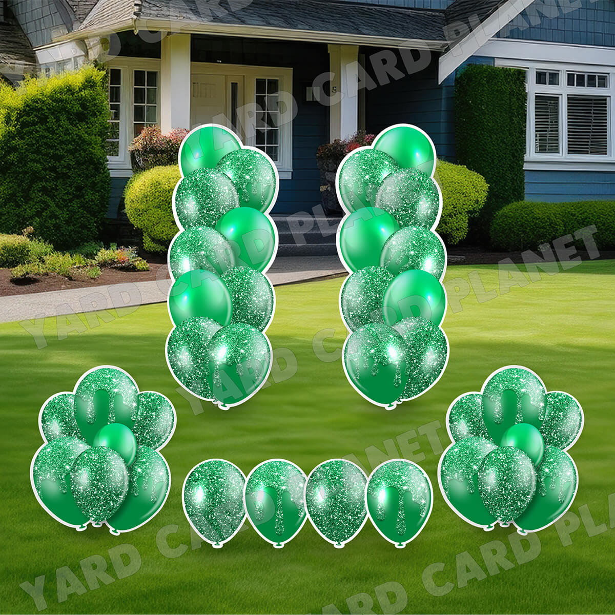 Green Glitter Balloon Towers, Bouquets and Singles Yard Card Set