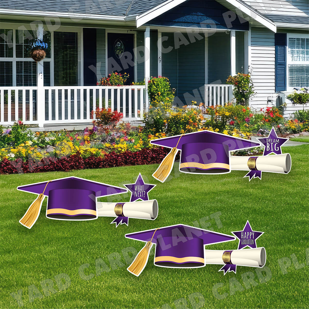 Extra Large Purple Graduation Caps, Diplomas and Signs Yard Card Flair Set