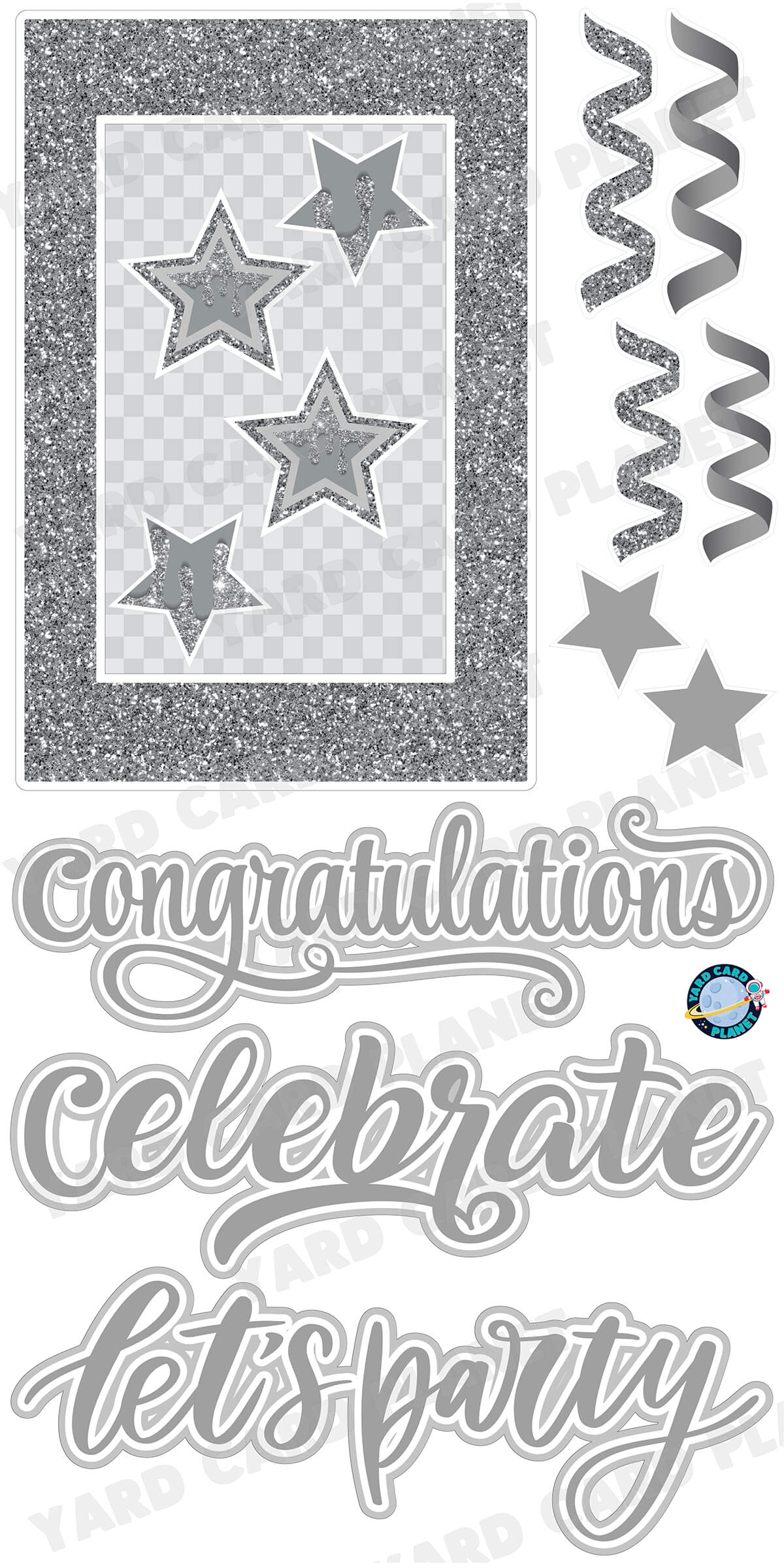 Silver Glitter Multi Purpose EZ Frame with Interchangeable Greetings and Matching Yard Card Flair Set