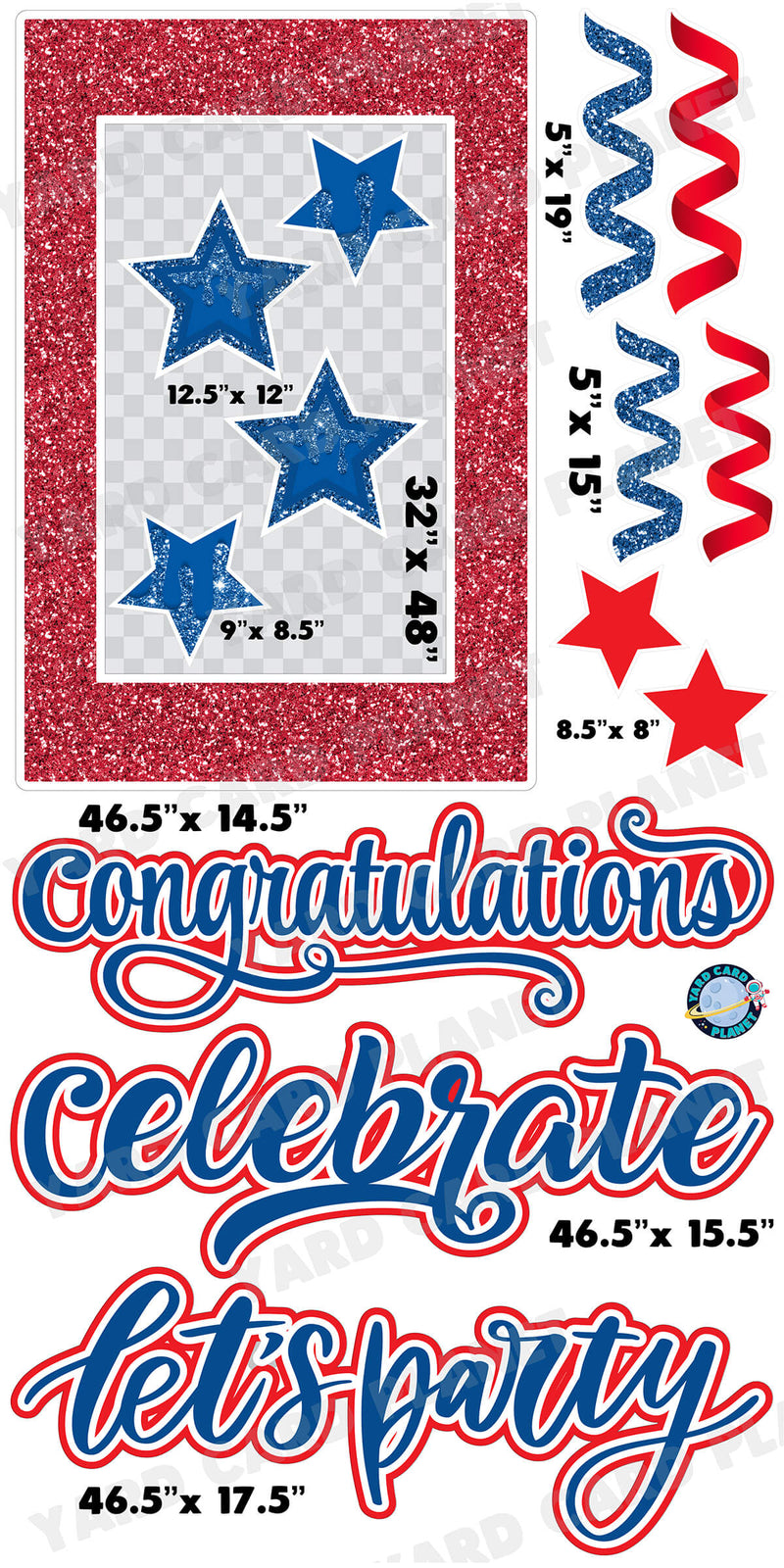 Red and Blue Glitter Multi Purpose EZ Frame with Interchangeable Greetings and Matching Yard Card Flair Set