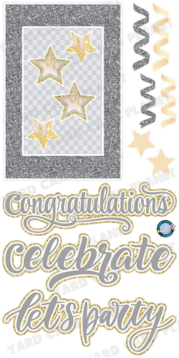 Silver and Gold Glitter Multi Purpose EZ Frame with Interchangeable Greetings and Matching Yard Card Flair Set