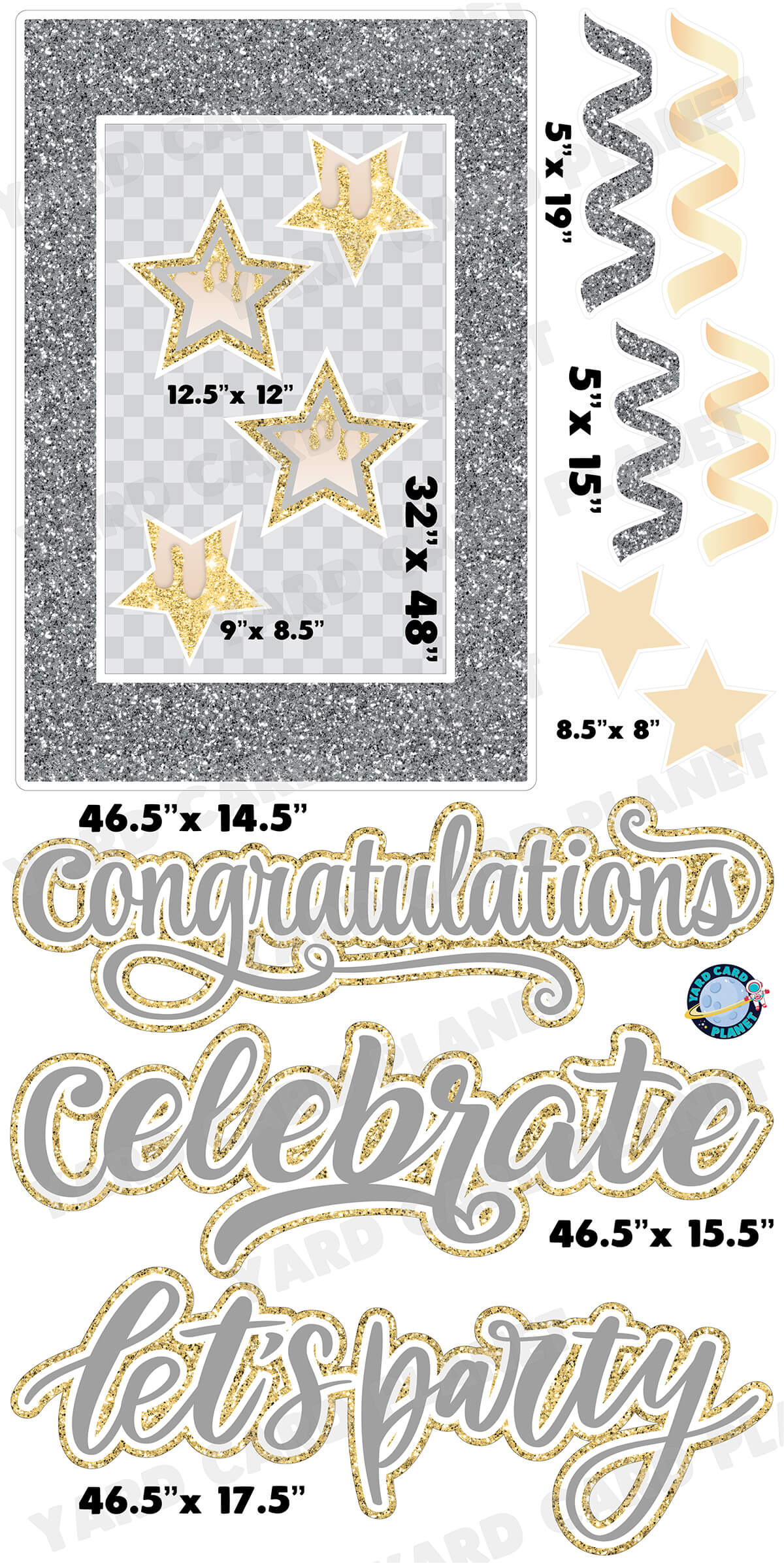 Silver and Gold Glitter Multi Purpose EZ Frame with Interchangeable Greetings and Matching Yard Card Flair Set