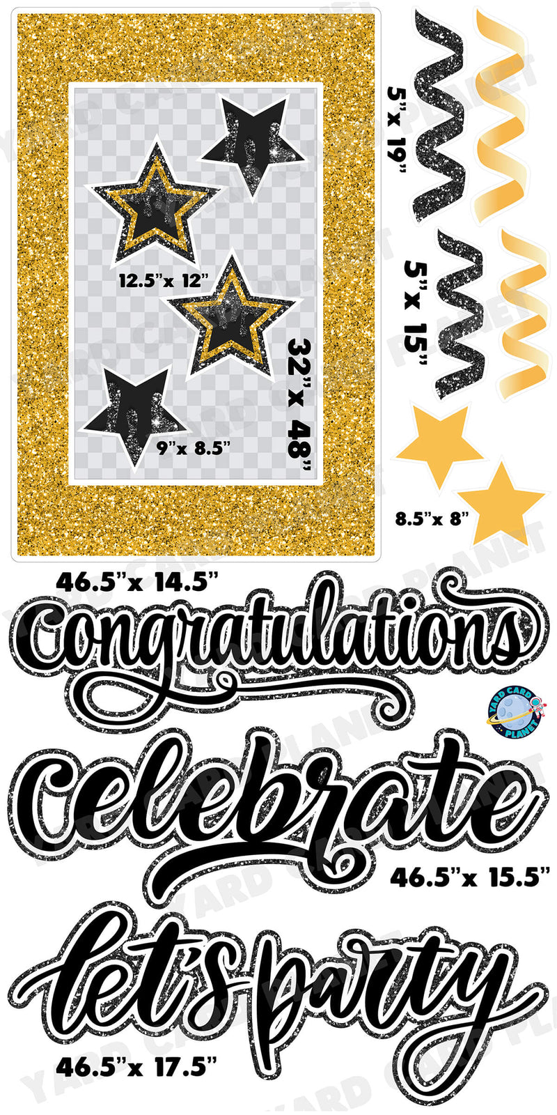 Gold and Black Glitter Multi Purpose EZ Frame with Interchangeable Greetings and Matching Yard Card Flair Set