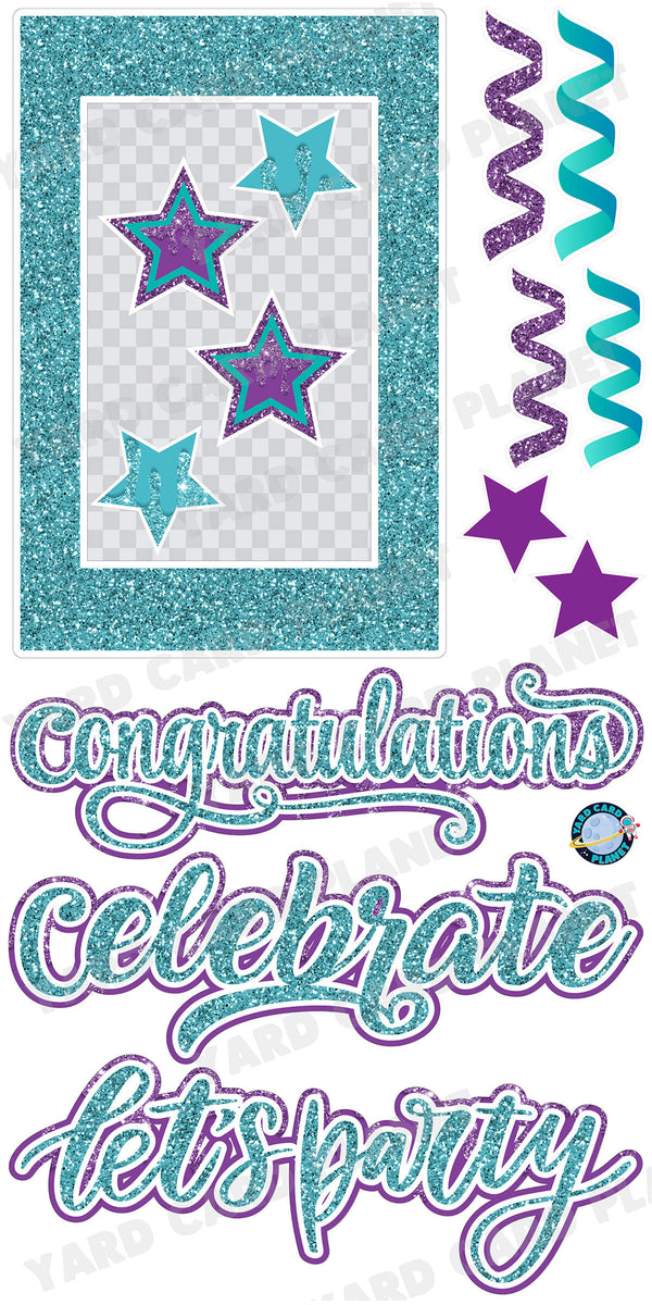 Teal and Purple Glitter Multi Purpose EZ Frame with Interchangeable Greetings and Matching Yard Card Flair Set 