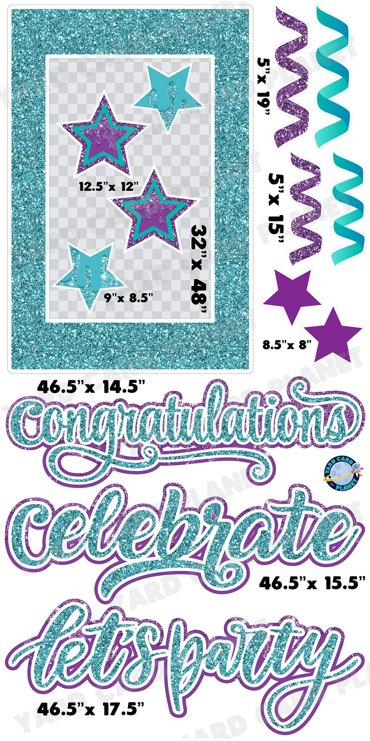 Teal and Purple Glitter Multi Purpose EZ Frame with Interchangeable Greetings and Matching Yard Card Flair Set with Measurements 