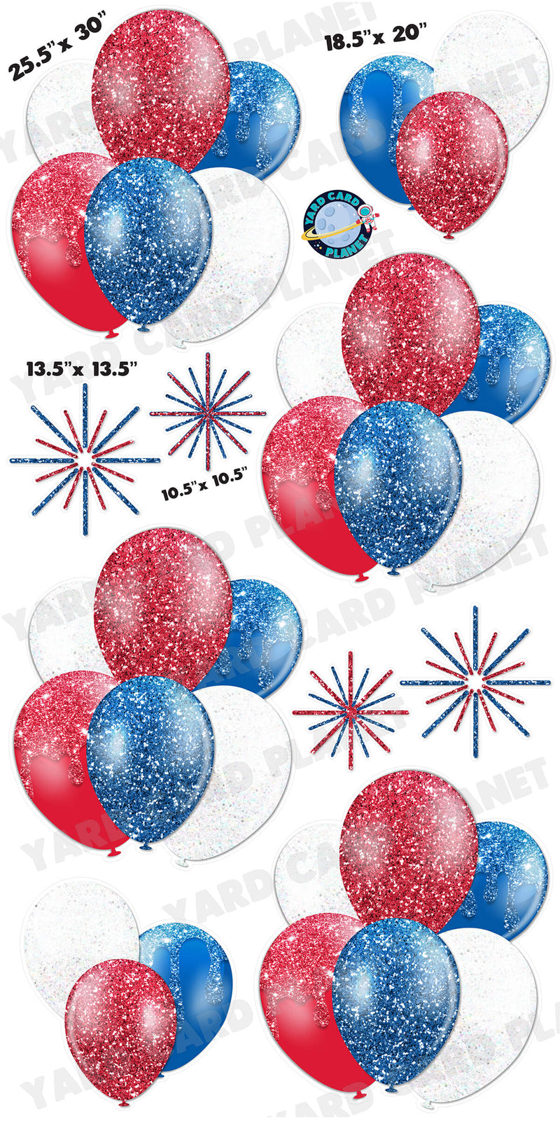 Red, White and Blue Glitter Balloon Bouquets and Starbursts Yard Card Set with Measurements