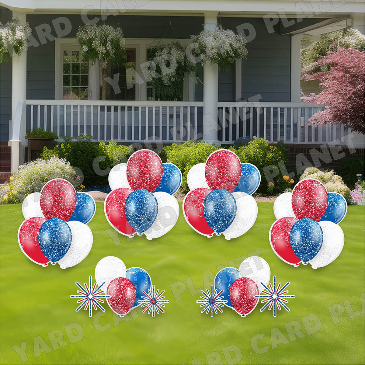 Red, White and Blue Glitter Balloon Bouquets and Starbursts Yard Card Set