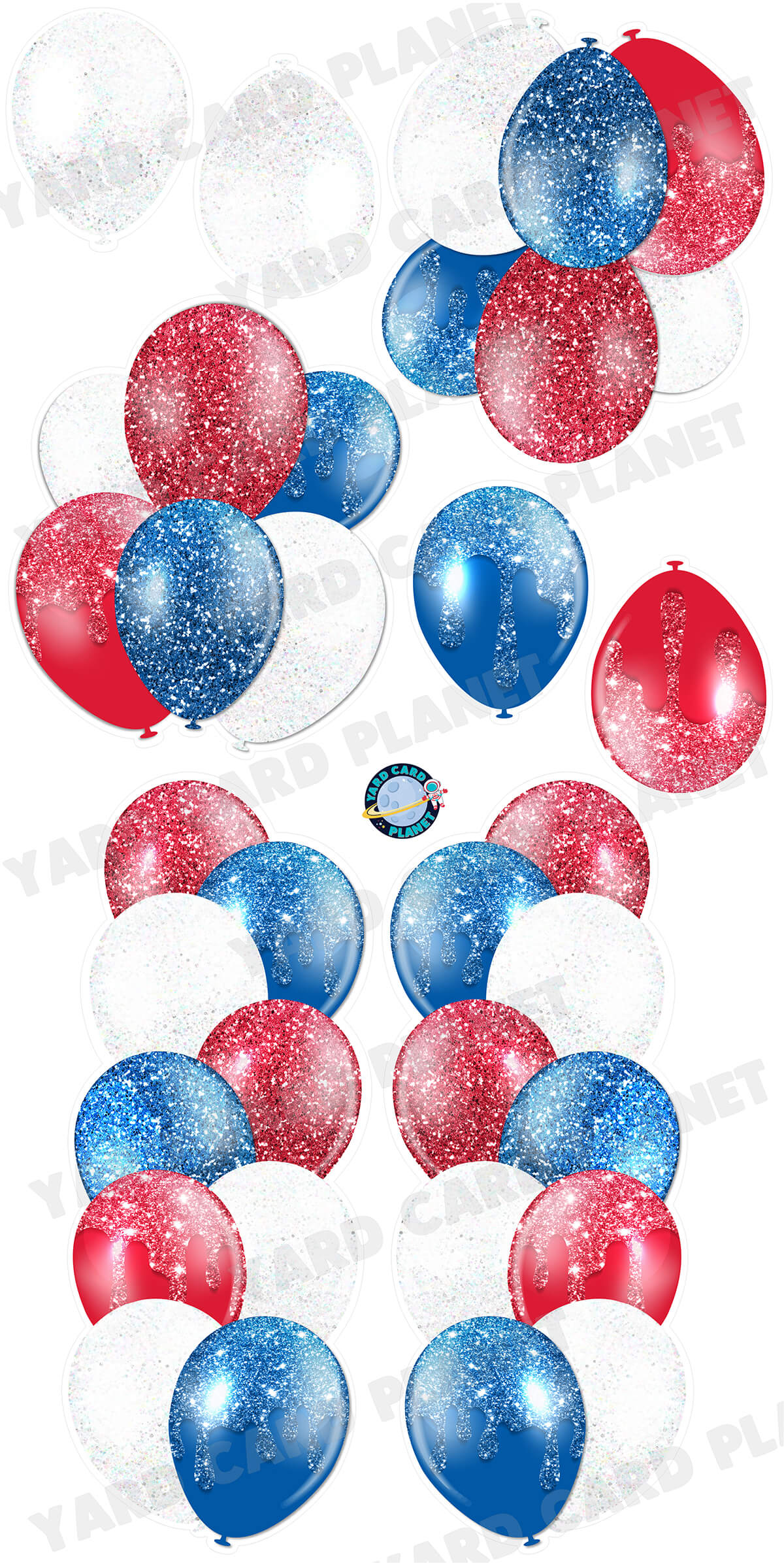 Red, White and Blue Glitter Balloon Towers, Bouquets and Singles Yard Card Set