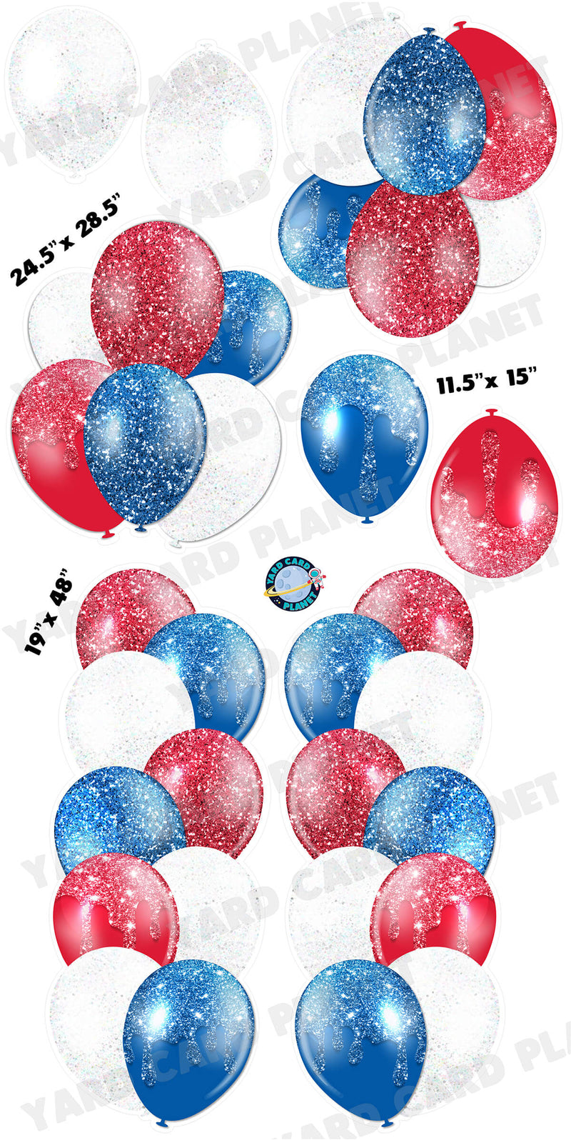 Red, White and Blue Glitter Balloon Towers, Bouquets and Singles Yard Card Set