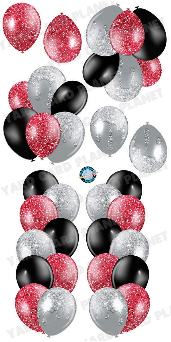 Red, Silver and Black Glitter Balloon Towers, Bouquets and Singles Yard Card Set
