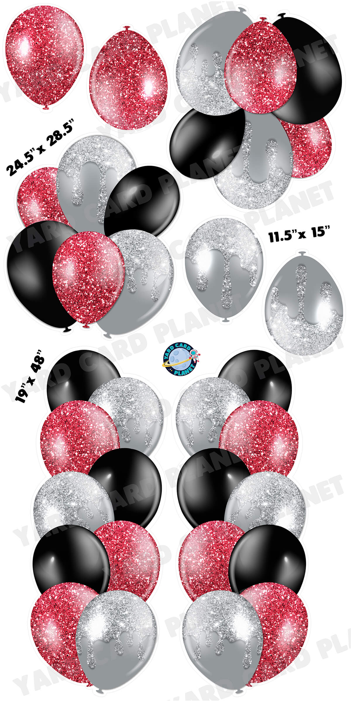 Red, Silver and Black Glitter Balloon Towers, Bouquets and Singles Yard Card Set