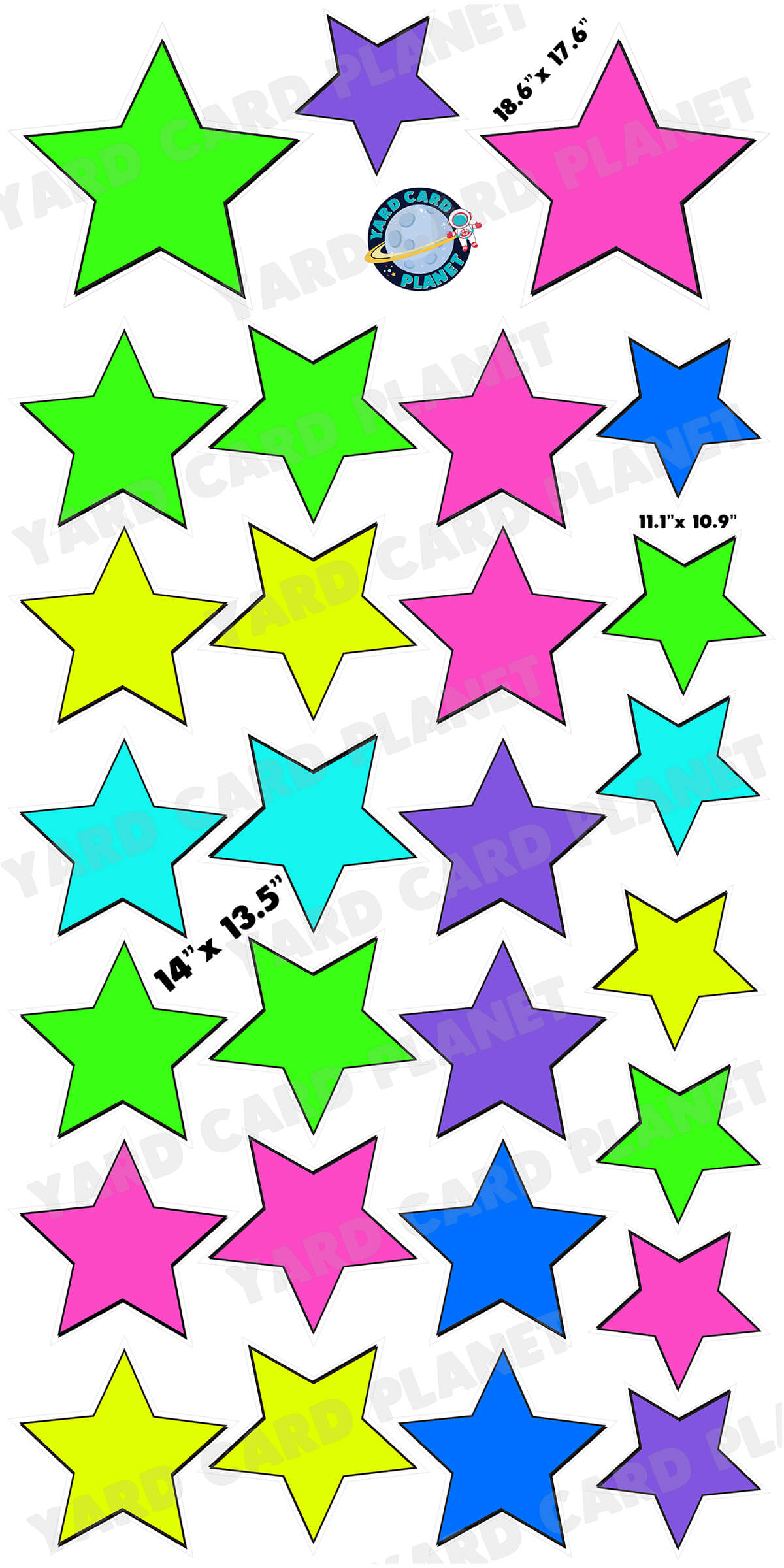 Neon Colorful Solid Outlined Stars Yard Card Flair Set