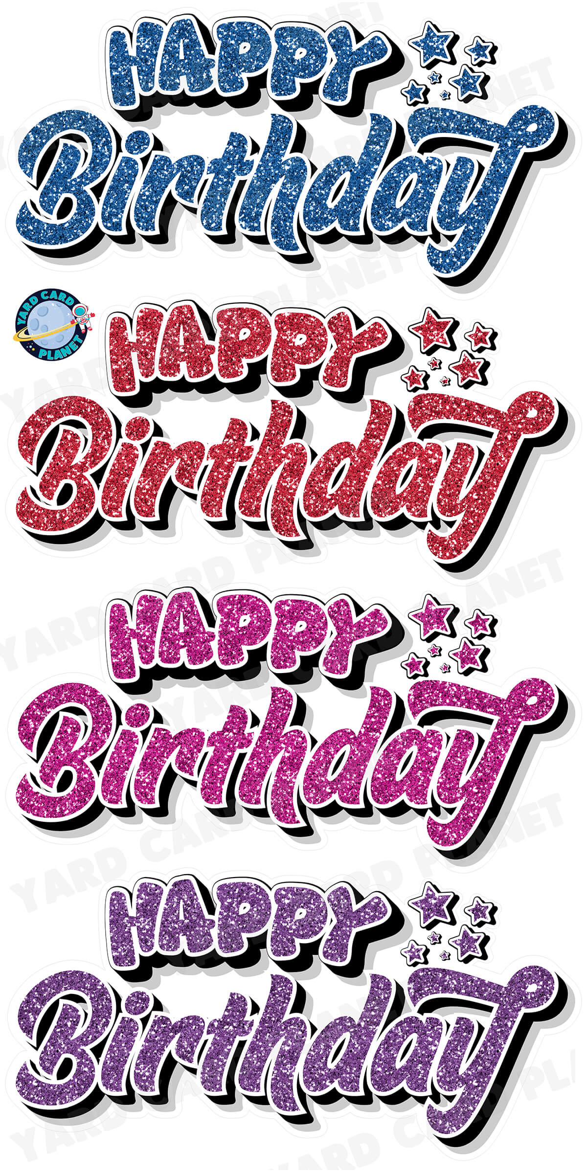 Happy Birthday EZ Quick Signs in Glitter Blue, Red, Hot Pink and Purple Yard Card Set