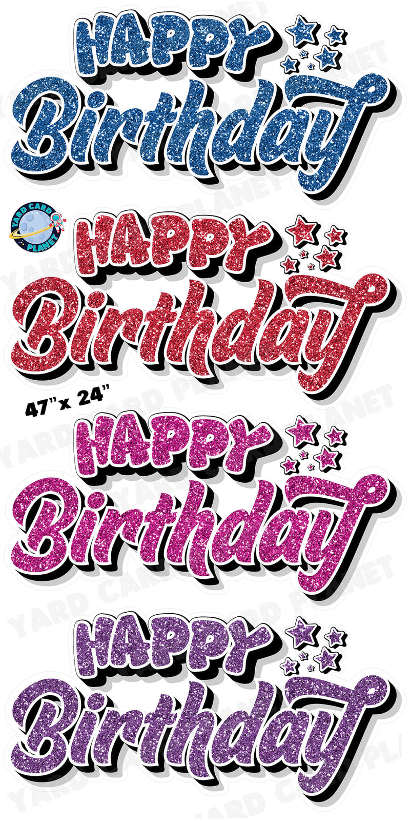 Happy Birthday EZ Quick Signs in Glitter Blue, Red, Hot Pink and Purple Yard Card Set