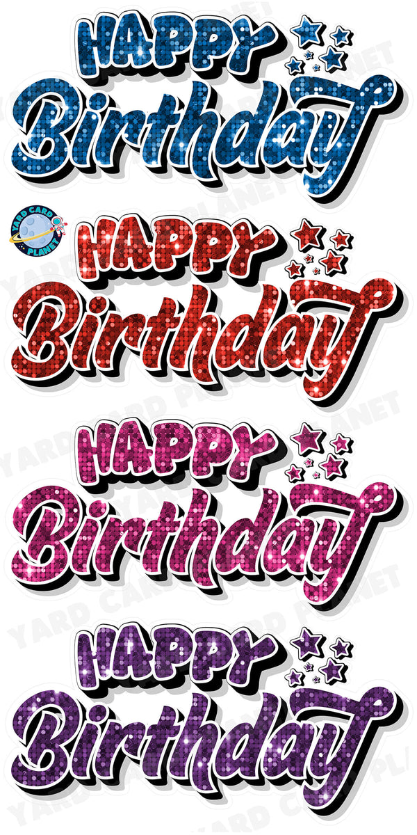 Happy Birthday EZ Quick Signs in Sequin Blue, Red, Hot Pink and Purple Yard Card Set