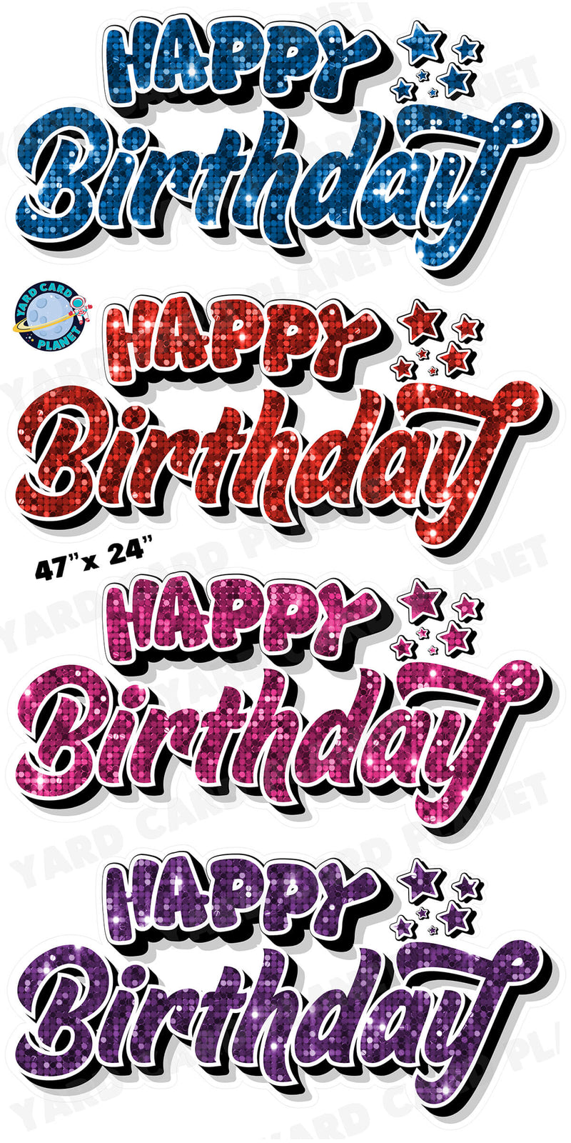 Happy Birthday EZ Quick Signs in Sequin Blue, Red, Hot Pink and Purple Yard Card Set