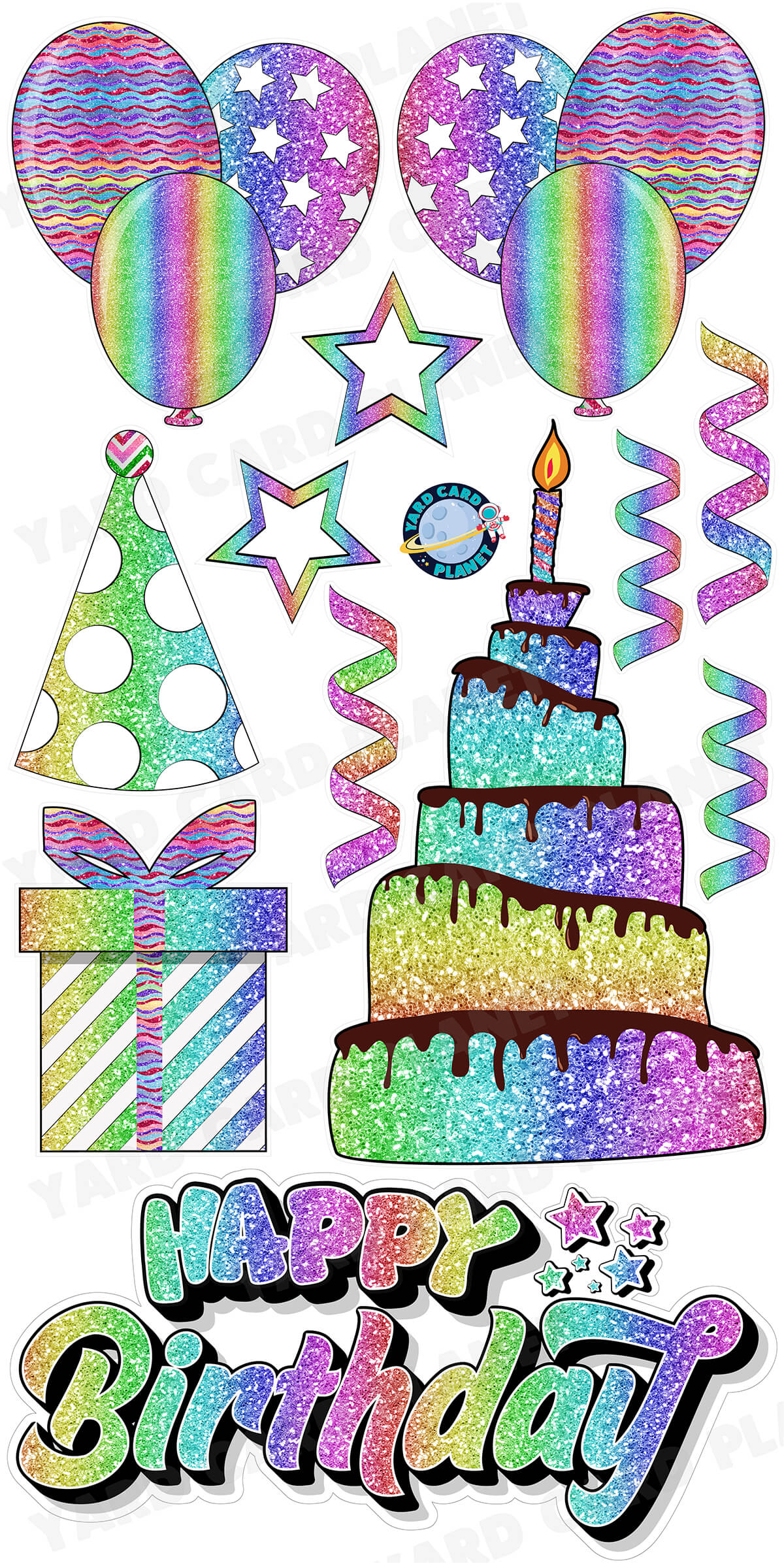 Rainbow Glitter Happy Birthday EZ Quick Sign and Birthday Essentials Yard Card Flair Set