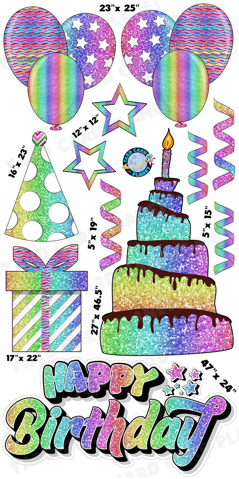 Rainbow Glitter Happy Birthday EZ Quick Sign and Birthday Essentials Yard Card Flair Set