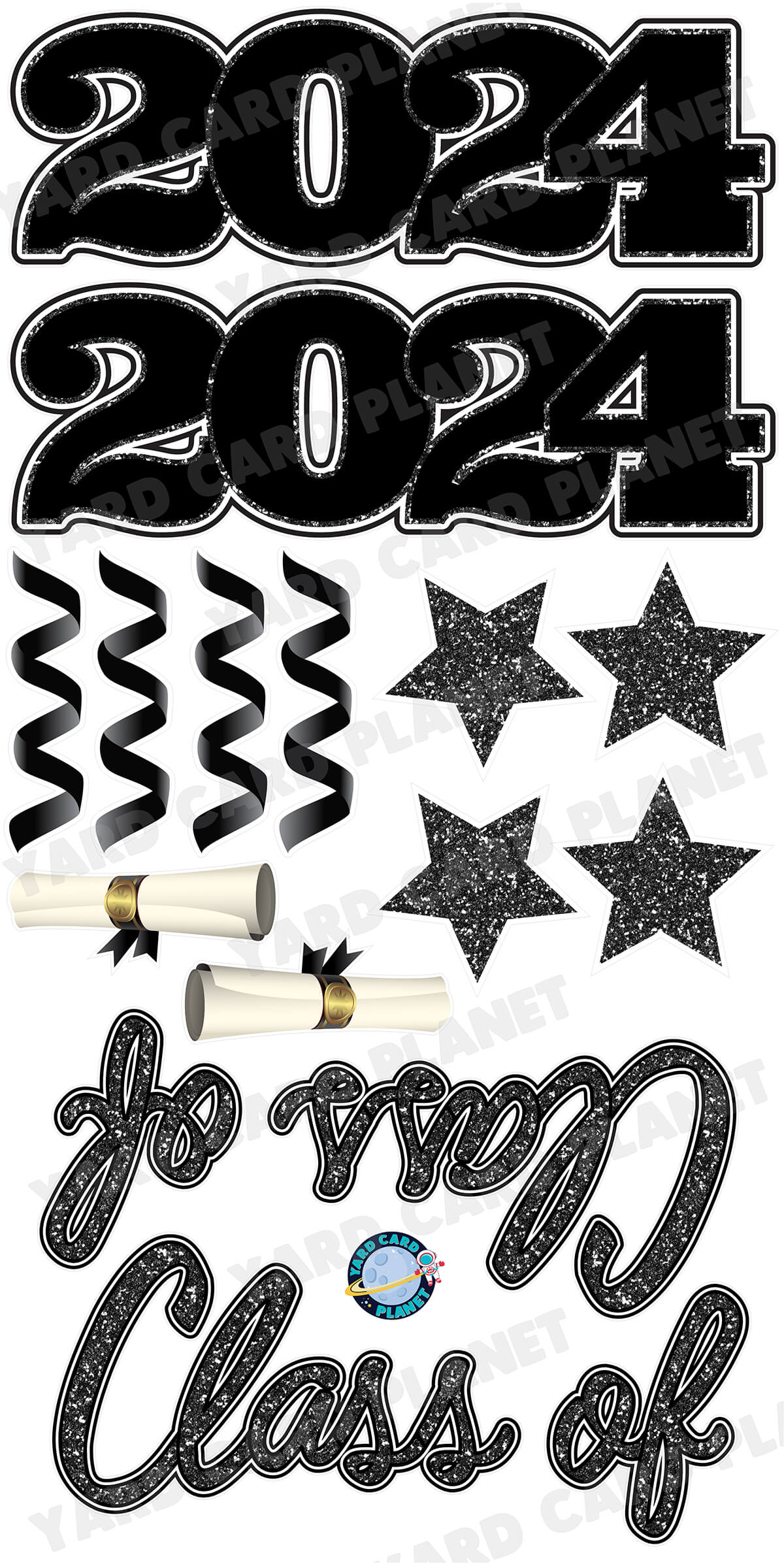 Black Glitter Pattern Class of 2024 EZ Quick Set and Yard Card Flair Set