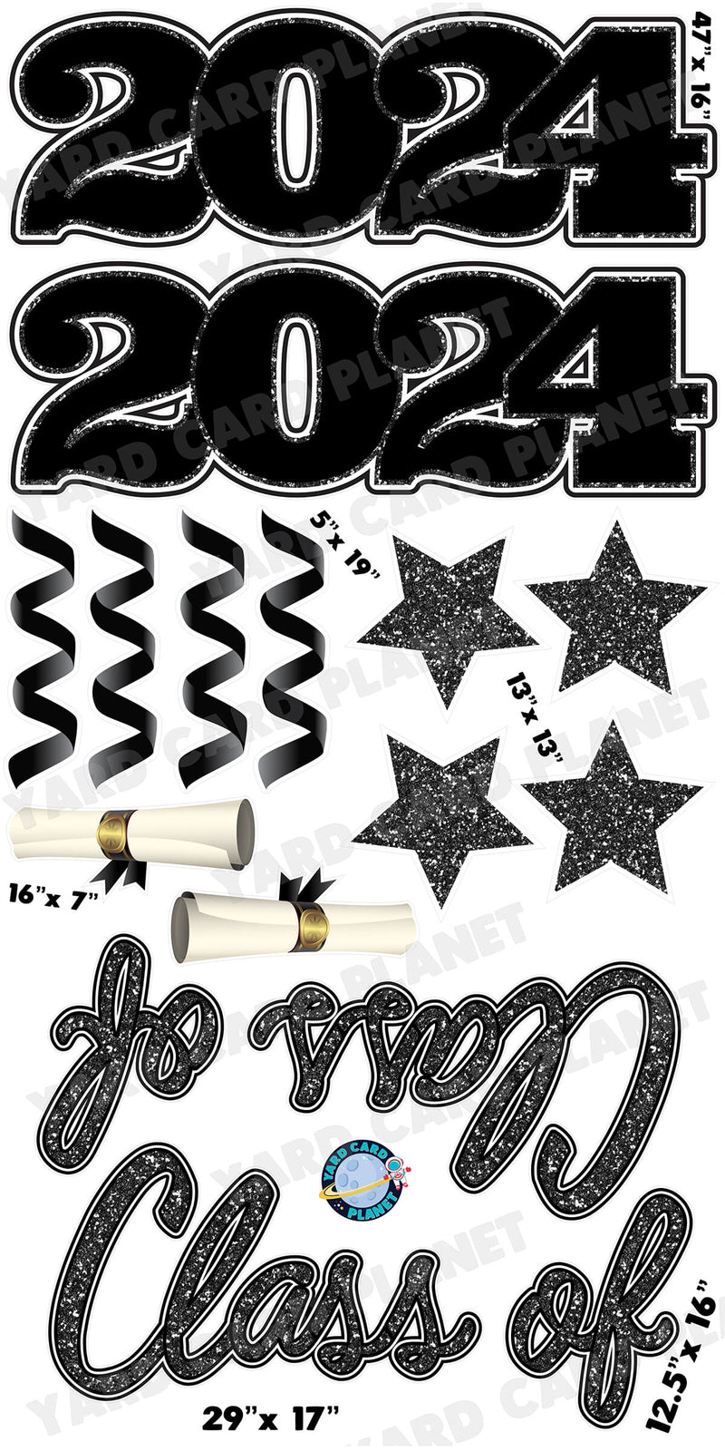 Black Glitter Pattern Class of 2024 EZ Quick Set and Yard Card Flair Set