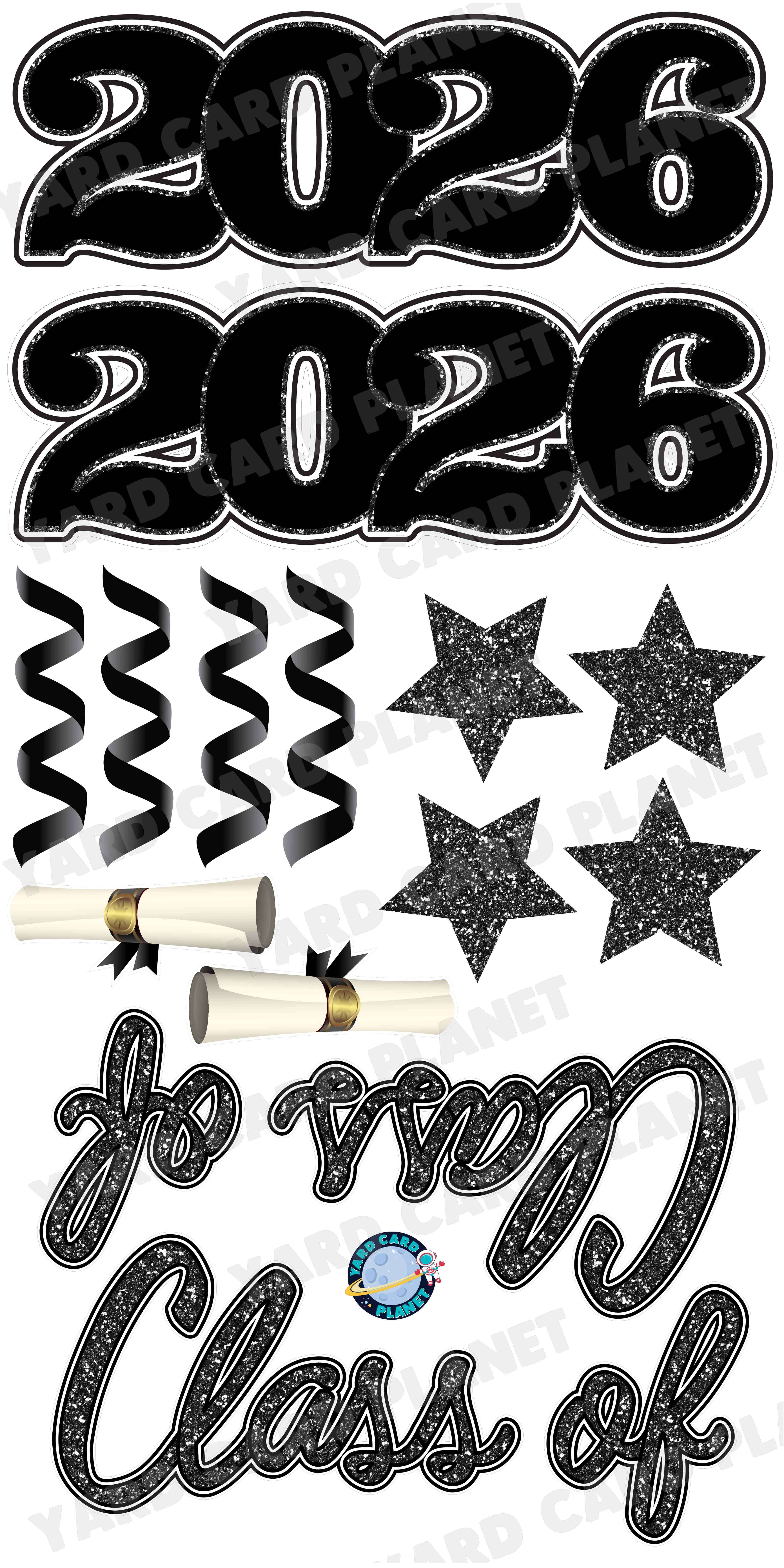 Black Glitter Pattern Class of 2026 EZ Quick Set and Yard Card Flair Set
