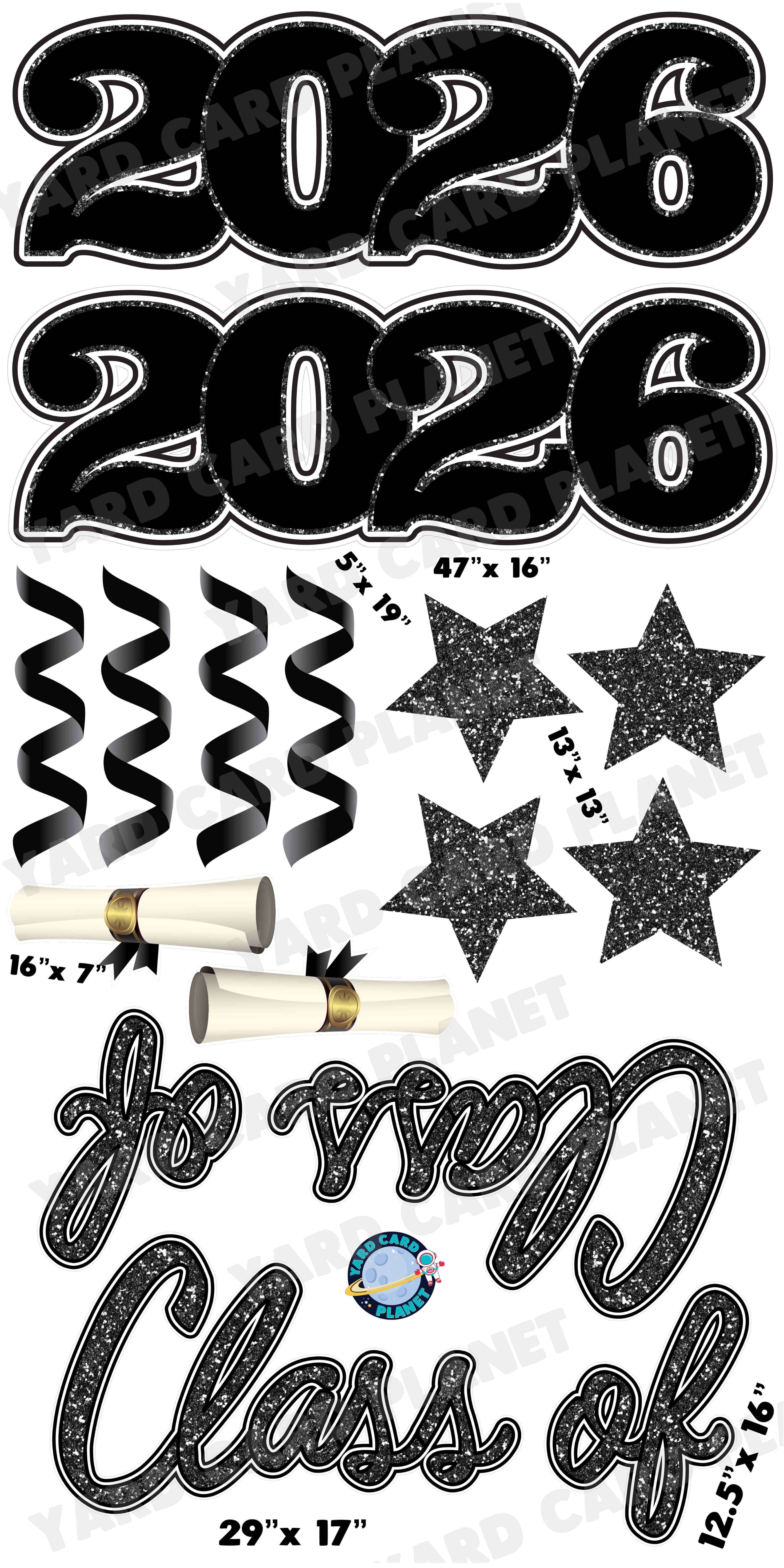 Black Glitter Pattern Class of 2026 EZ Quick Set and Yard Card Flair Set