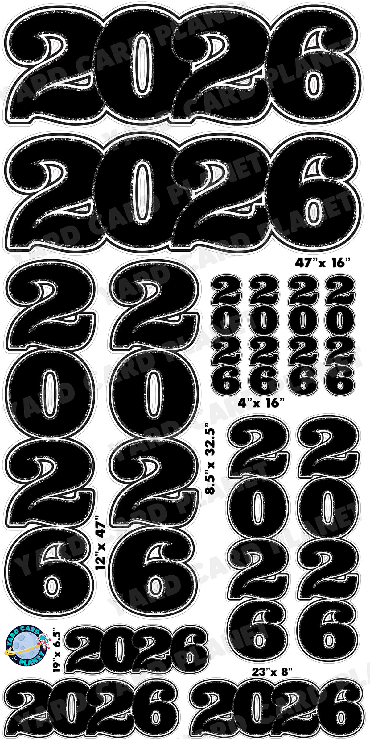 Black Solid with Glitter Pattern Trim 2026 EZ Quick Signs and Towers Yard Card Set