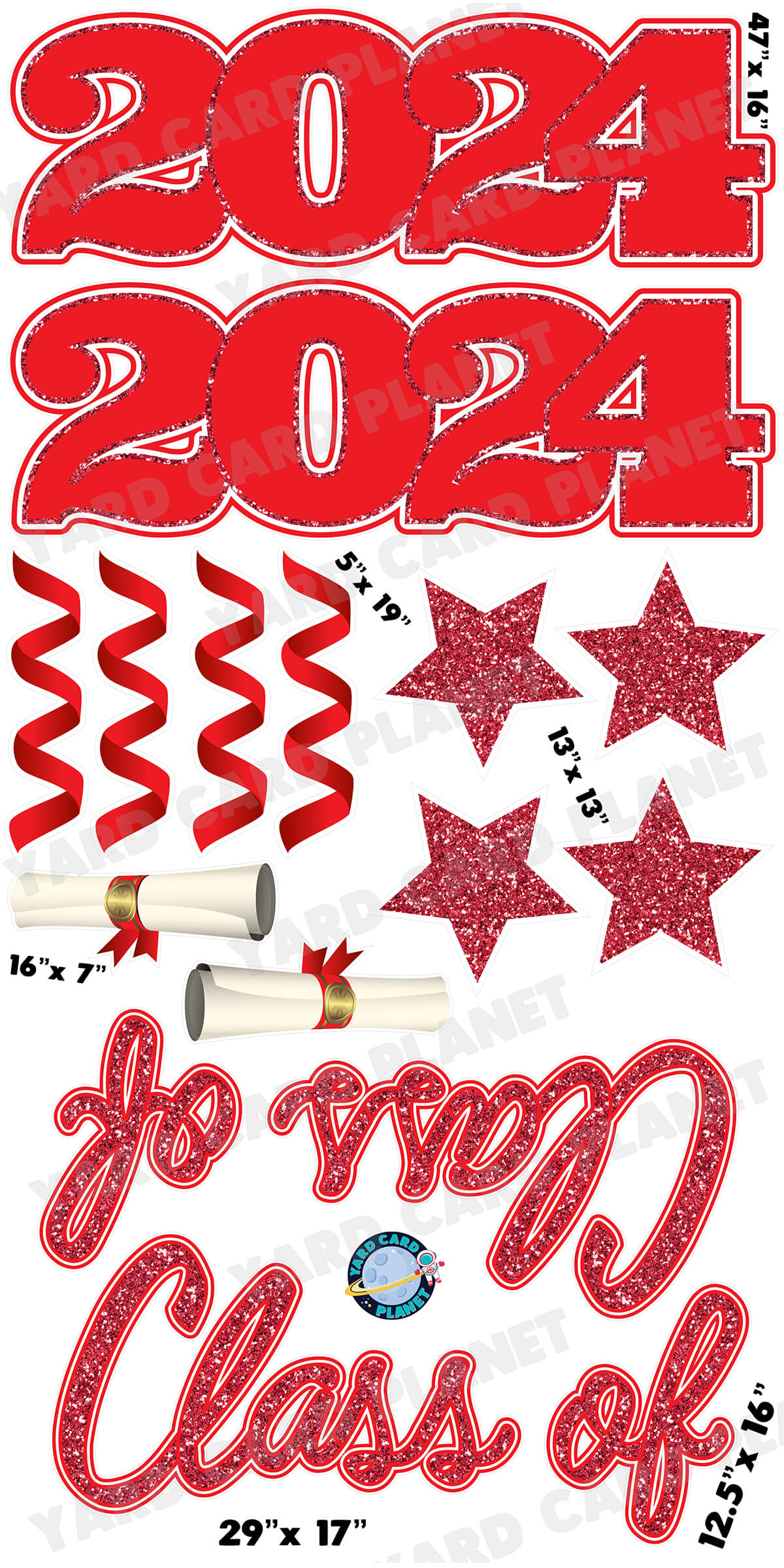 Red Glitter Pattern Class of 2024 EZ Quick Set and Yard Card Flair Set