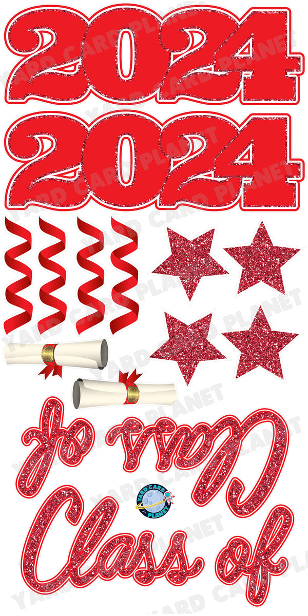 Red Glitter Pattern Class of 2024 EZ Quick Set and Yard Card Flair Set