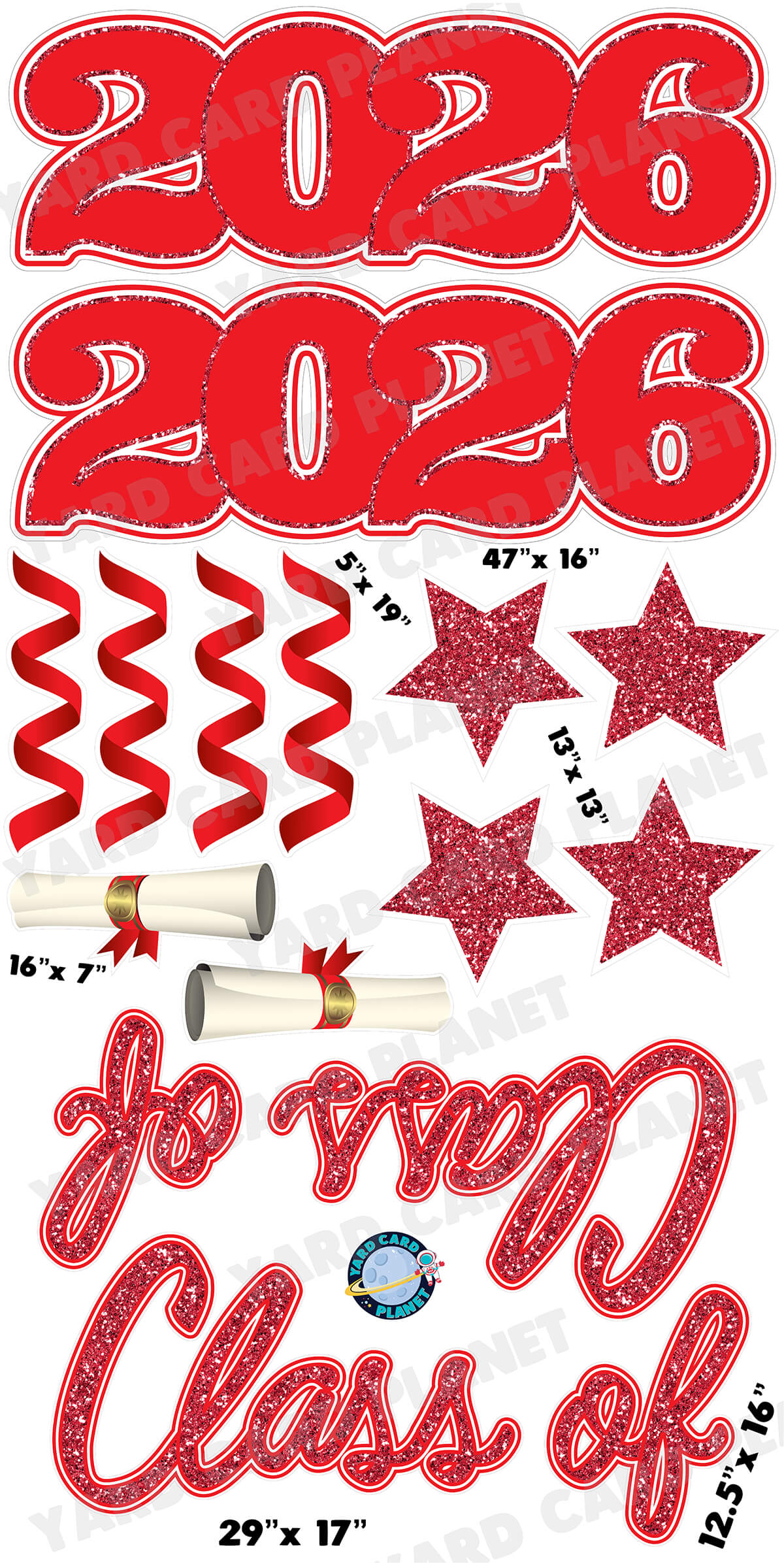 Red Glitter Pattern Class of 2026 EZ Quick Set and Yard Card Flair Set