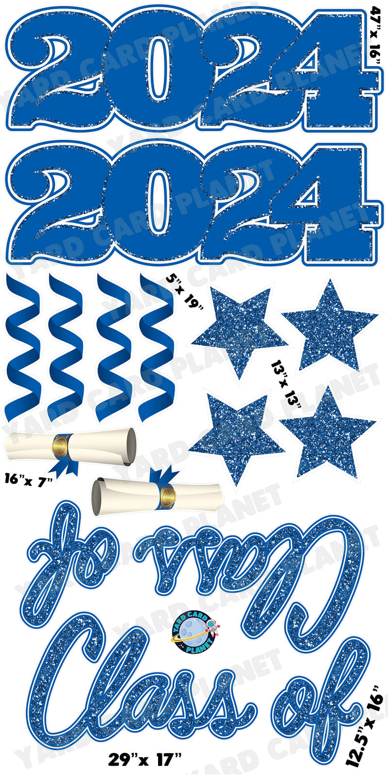 Blue Glitter Pattern Class of 2024 EZ Quick Set and Yard Card Flair Set