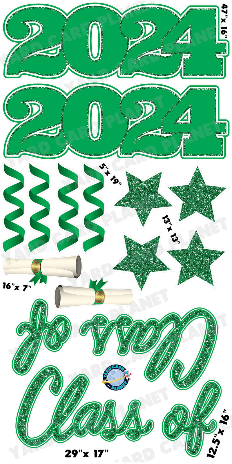 Green Glitter Pattern Class of 2024 EZ Quick Set and Yard Card Flair Set
