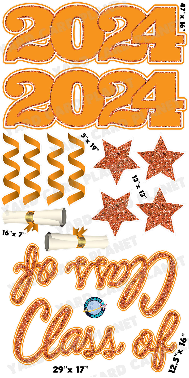 Orange Glitter Pattern Class of 2024 EZ Quick Set and Yard Card Flair Set