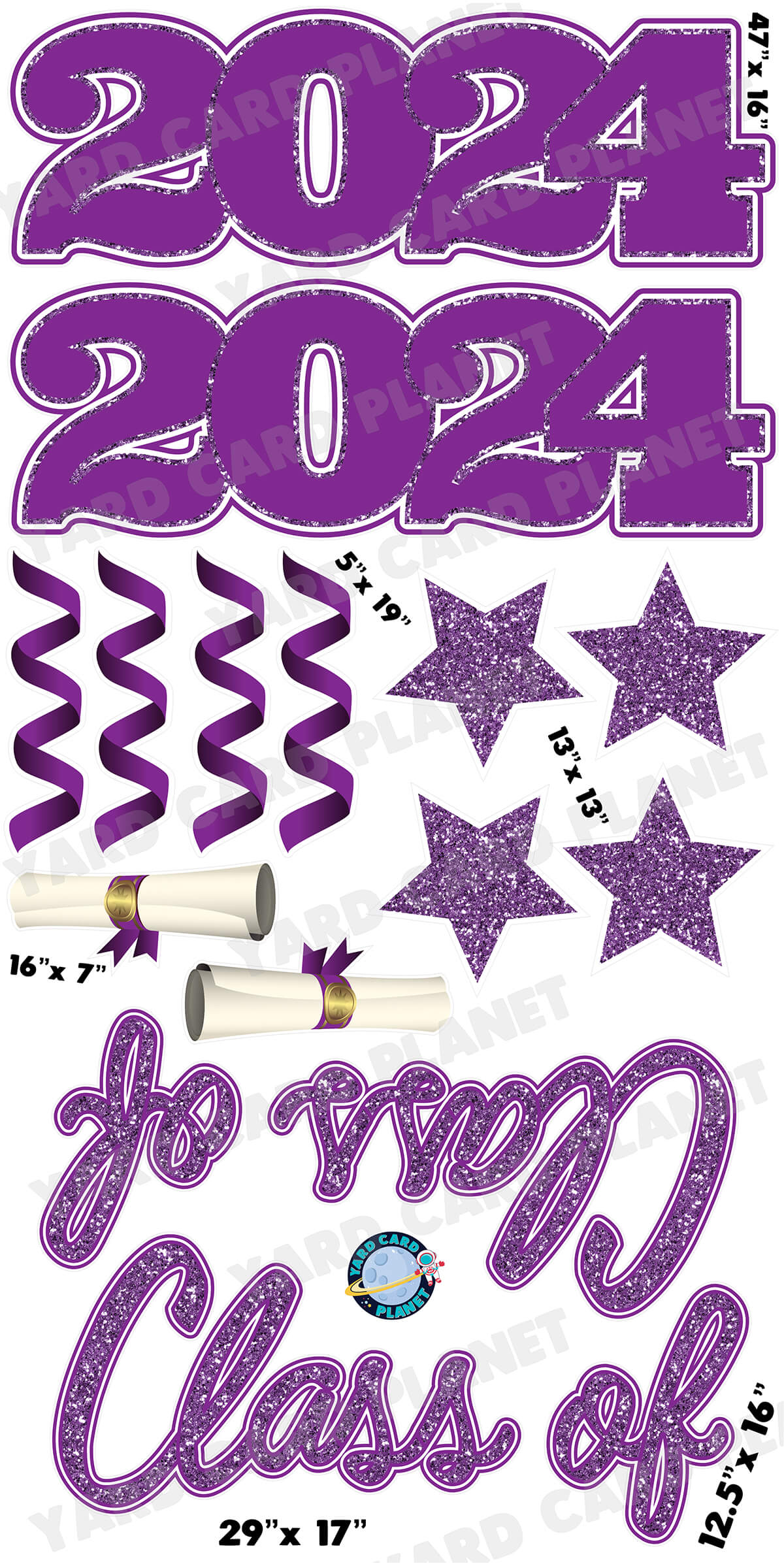 Purple Glitter Pattern Class of 2024 EZ Quick Set and Yard Card Flair Set