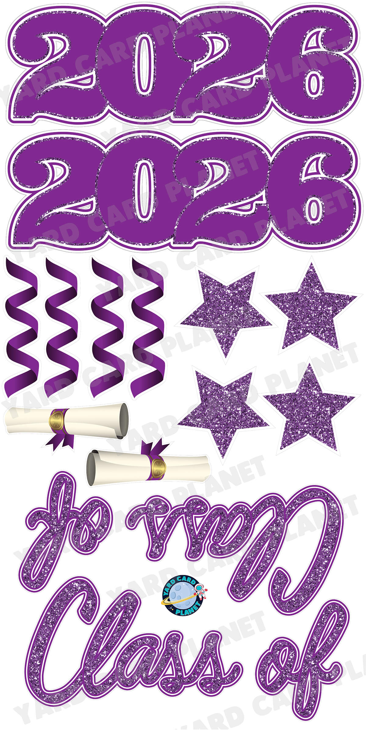 Purple Glitter Pattern Class of 2026 EZ Quick Set and Yard Card Flair Set