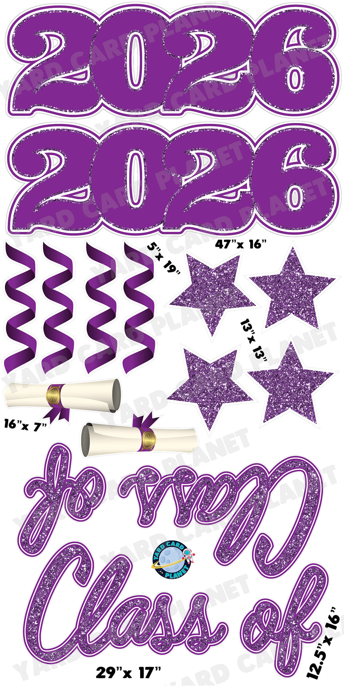 Purple Glitter Pattern Class of 2026 EZ Quick Set and Yard Card Flair Set