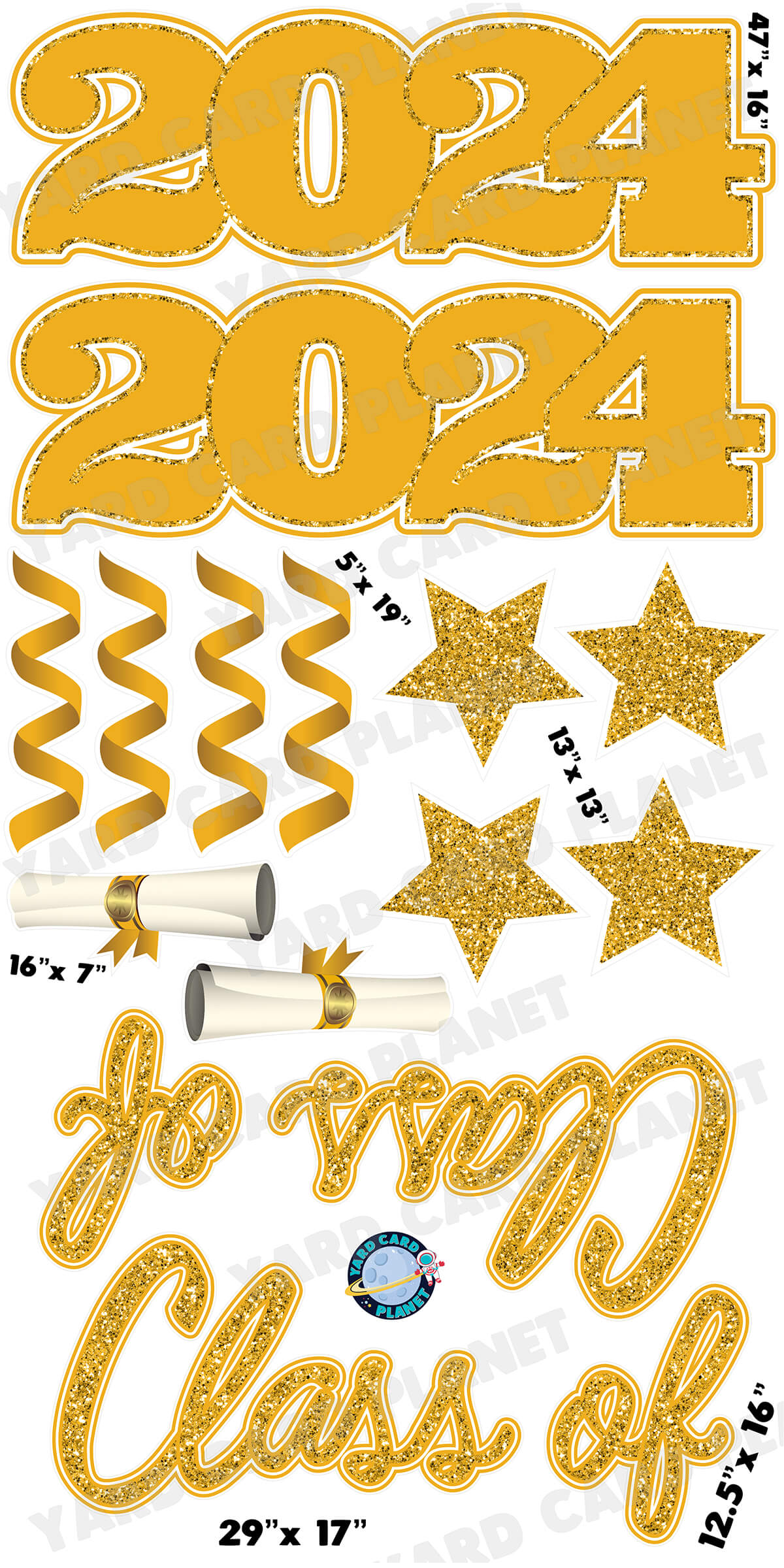 Gold Glitter Pattern Class of 2024 EZ Quick Set and Yard Card Flair Set