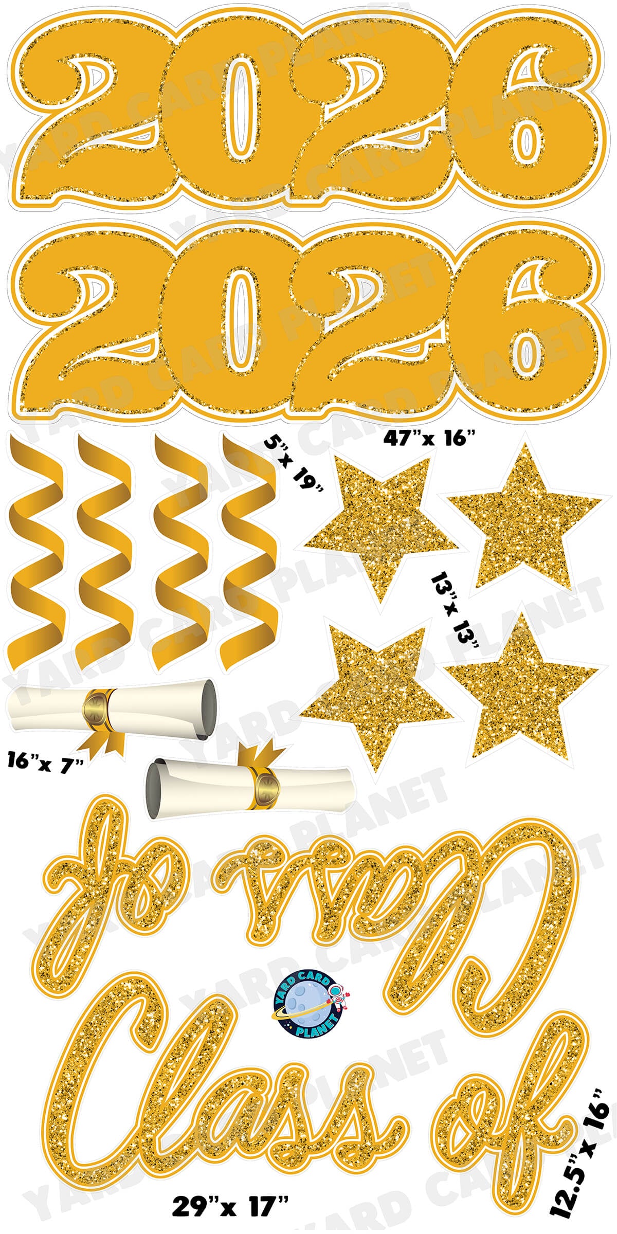 Gold Glitter Pattern Class of 2026 EZ Quick Set and Yard Card Flair Set