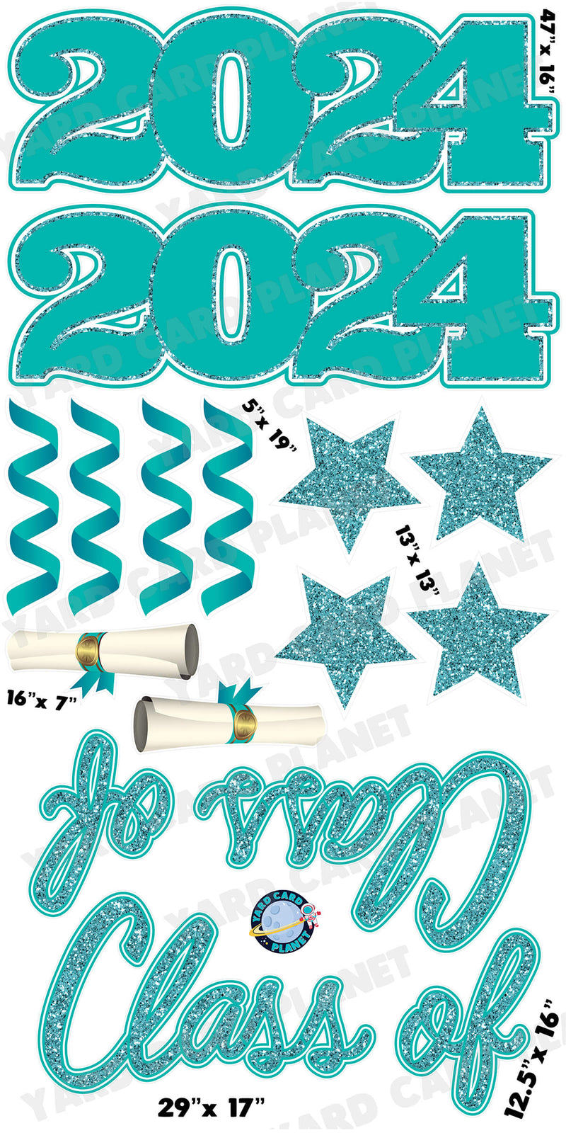 Teal Glitter Pattern Class of 2024 EZ Quick Set and Yard Card Flair Set