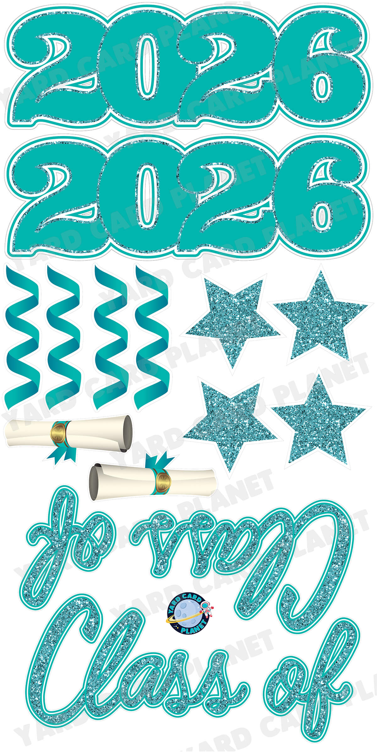Teal Glitter Pattern Class of 2026 EZ Quick Set and Yard Card Flair Set