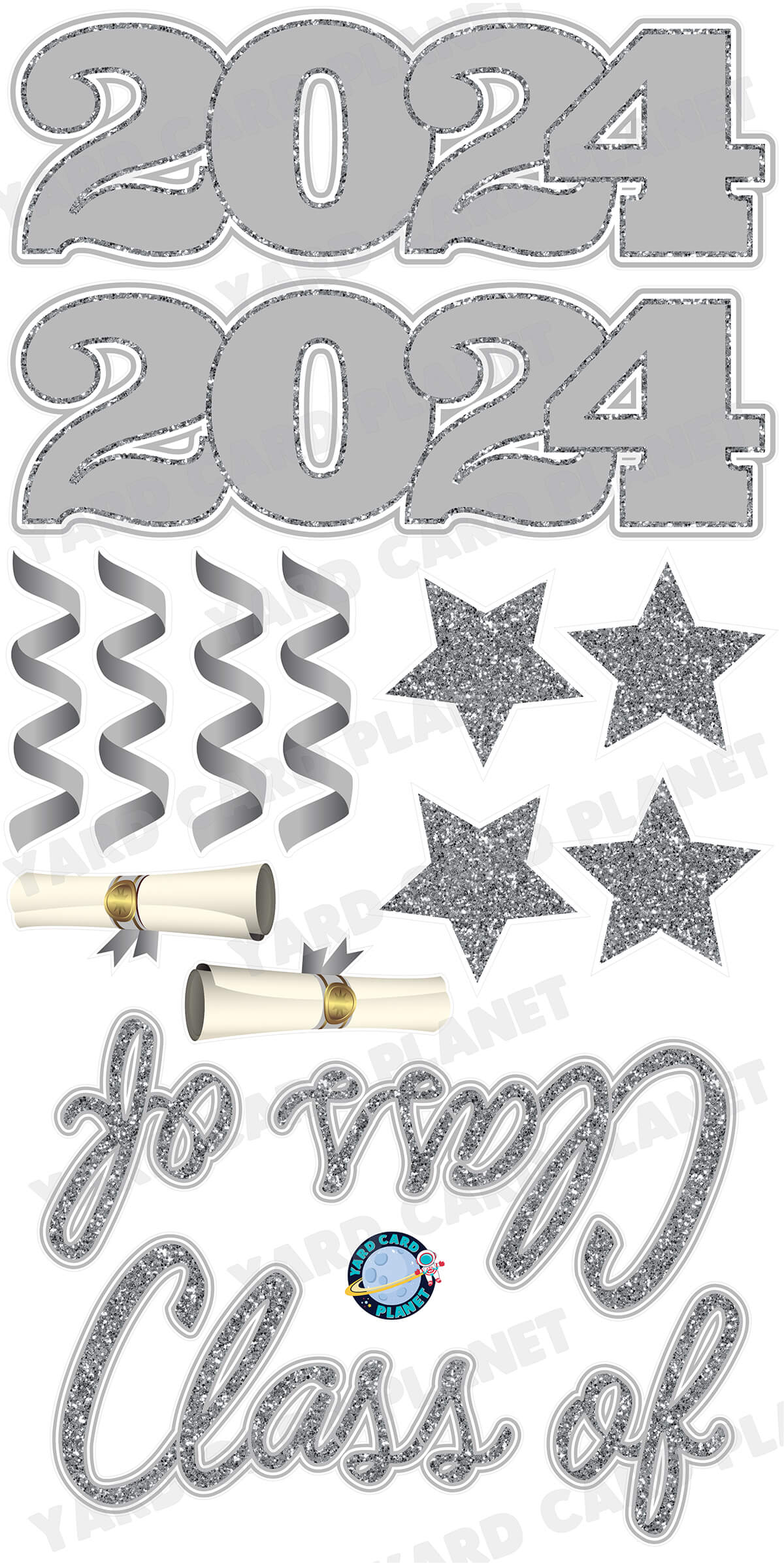 Silver Glitter Pattern Class of 2024 EZ Quick Set and Yard Card Flair Set