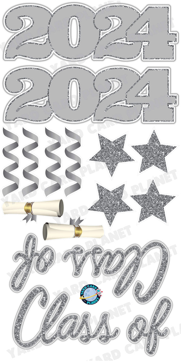 Silver Glitter Pattern Class of 2024 EZ Quick Set and Yard Card Flair Set