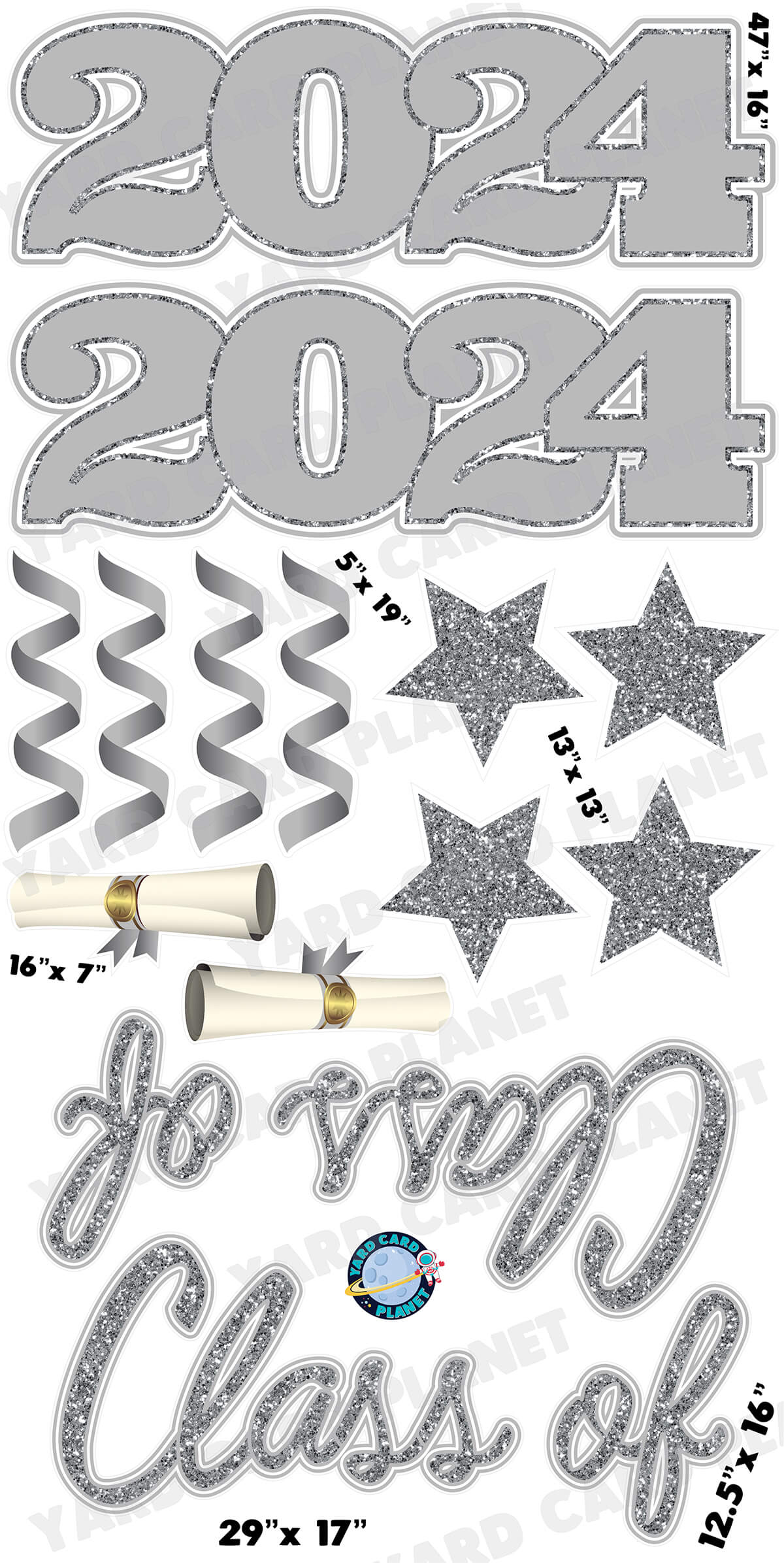 Silver Glitter Pattern Class of 2024 EZ Quick Set and Yard Card Flair Set