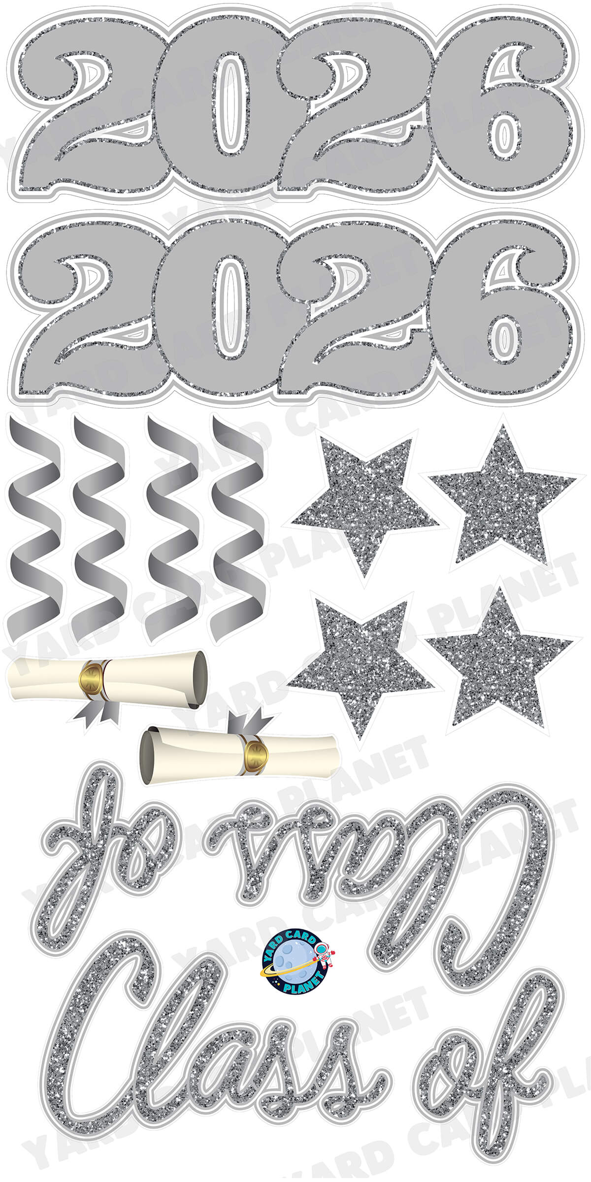 Silver Glitter Pattern Class of 2026 EZ Quick Set and Yard Card Flair Set