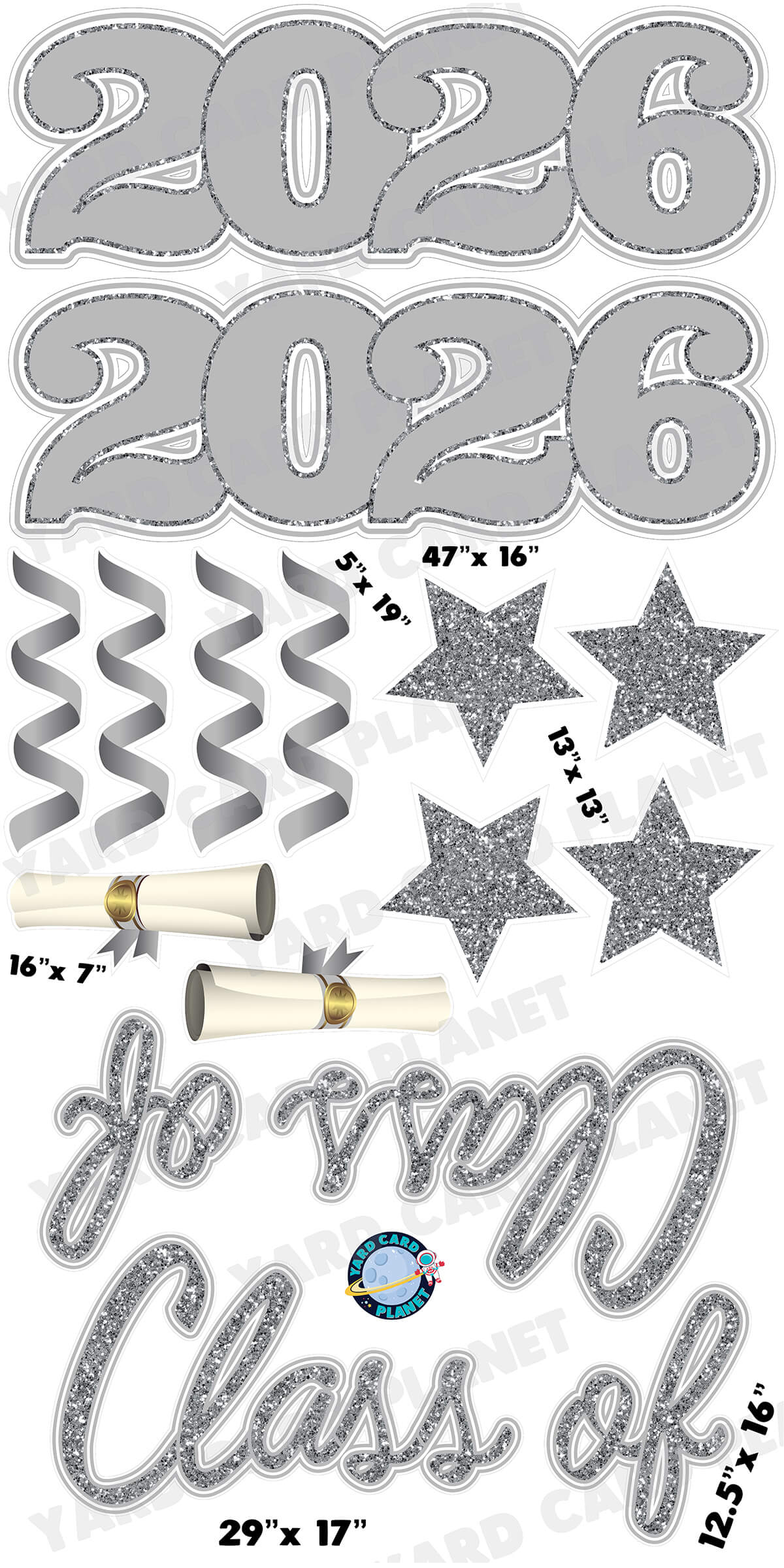 Silver Glitter Pattern Class of 2026 EZ Quick Set and Yard Card Flair Set