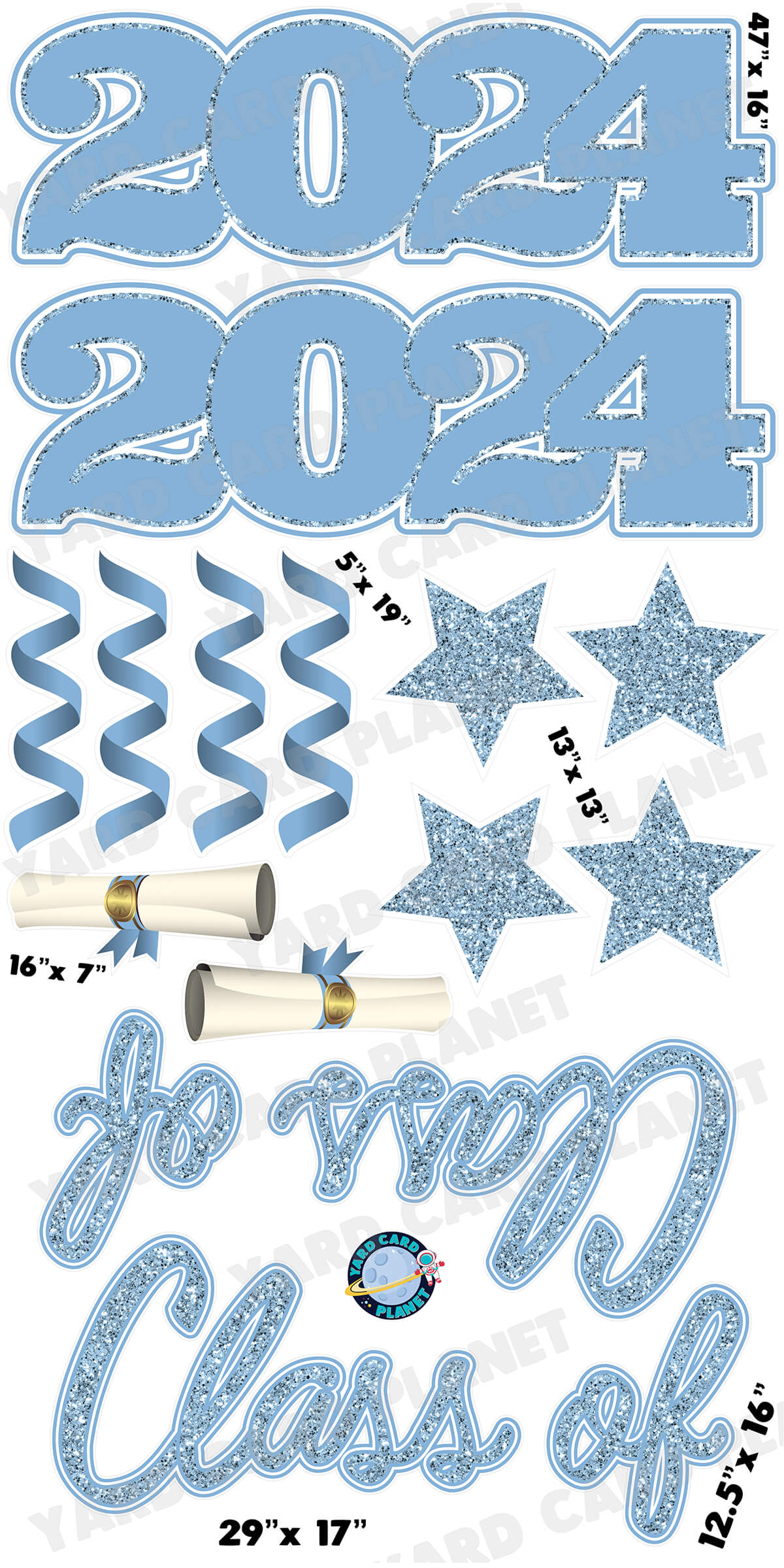 Baby Blue Glitter Pattern Class of 2024 EZ Quick Set and Yard Card Flair Set