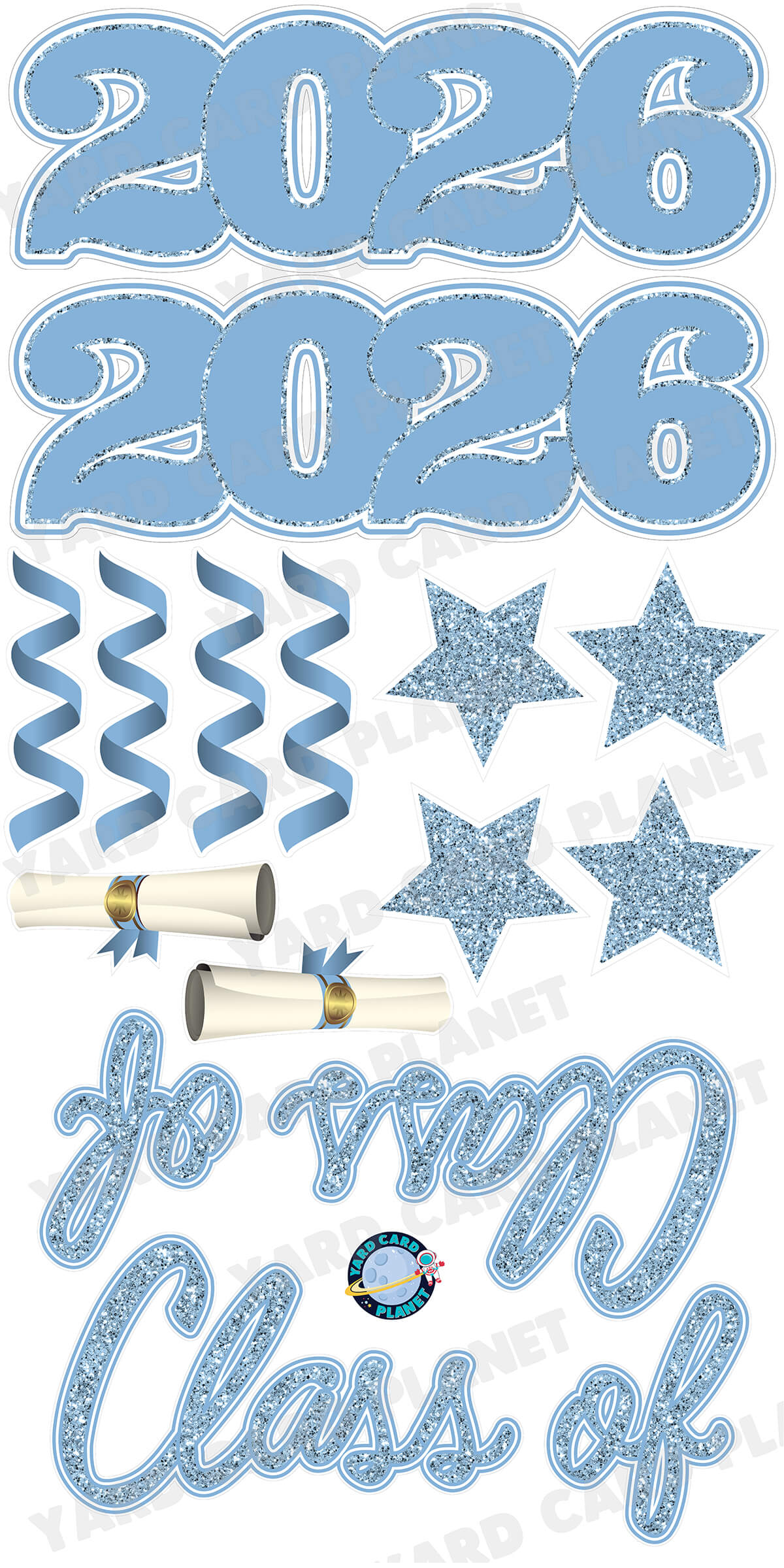 Baby Blue Glitter Pattern Class of 2026 EZ Quick Set and Yard Card Flair Set