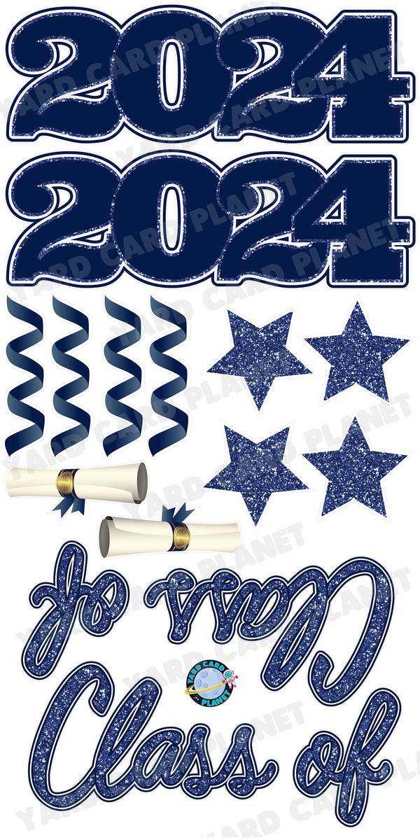 Navy Blue Glitter Pattern Class of 2024 EZ Quick Set and Yard Card Flair Set