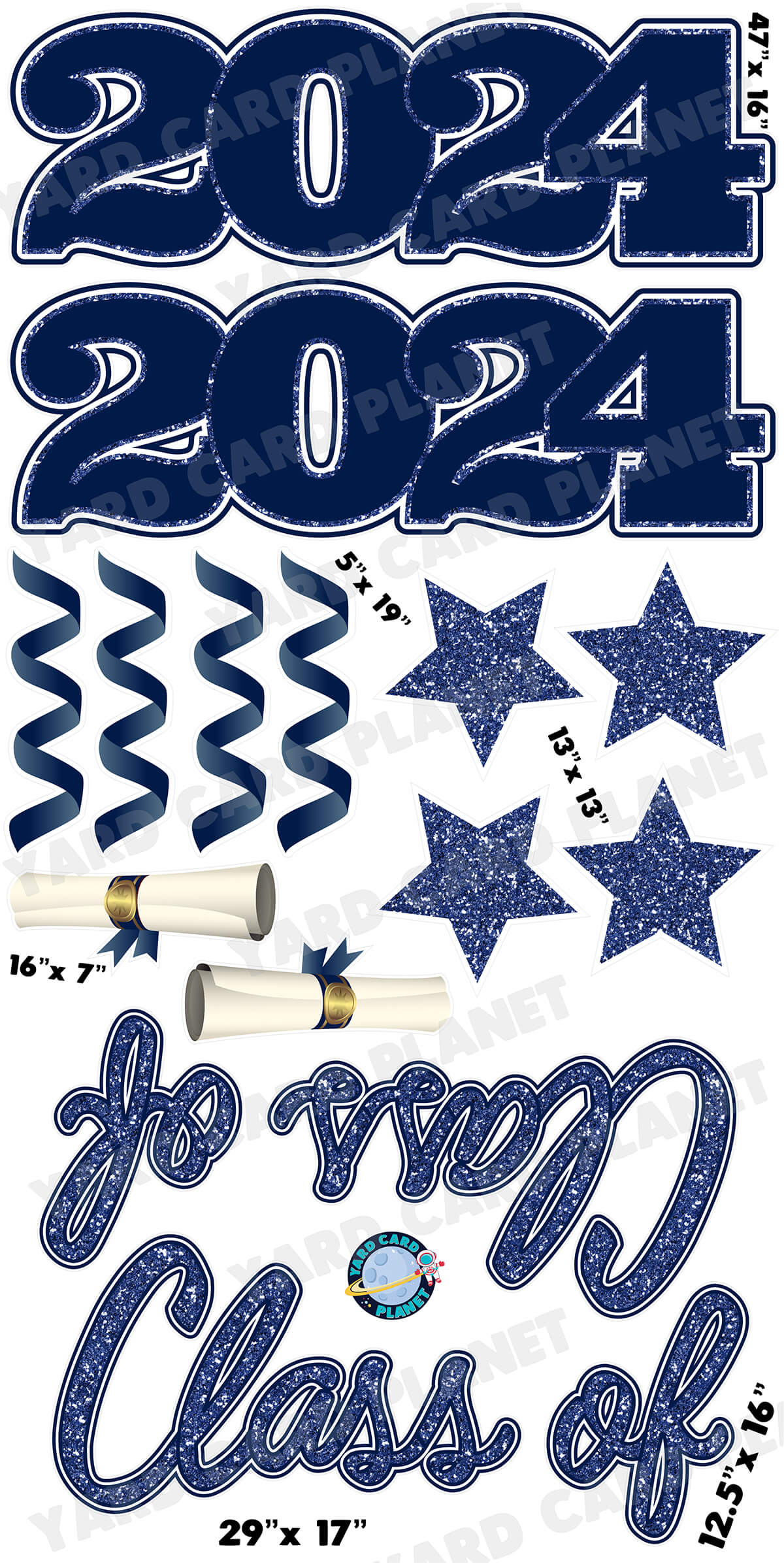 Navy Blue Glitter Pattern Class of 2024 EZ Quick Set and Yard Card Flair Set