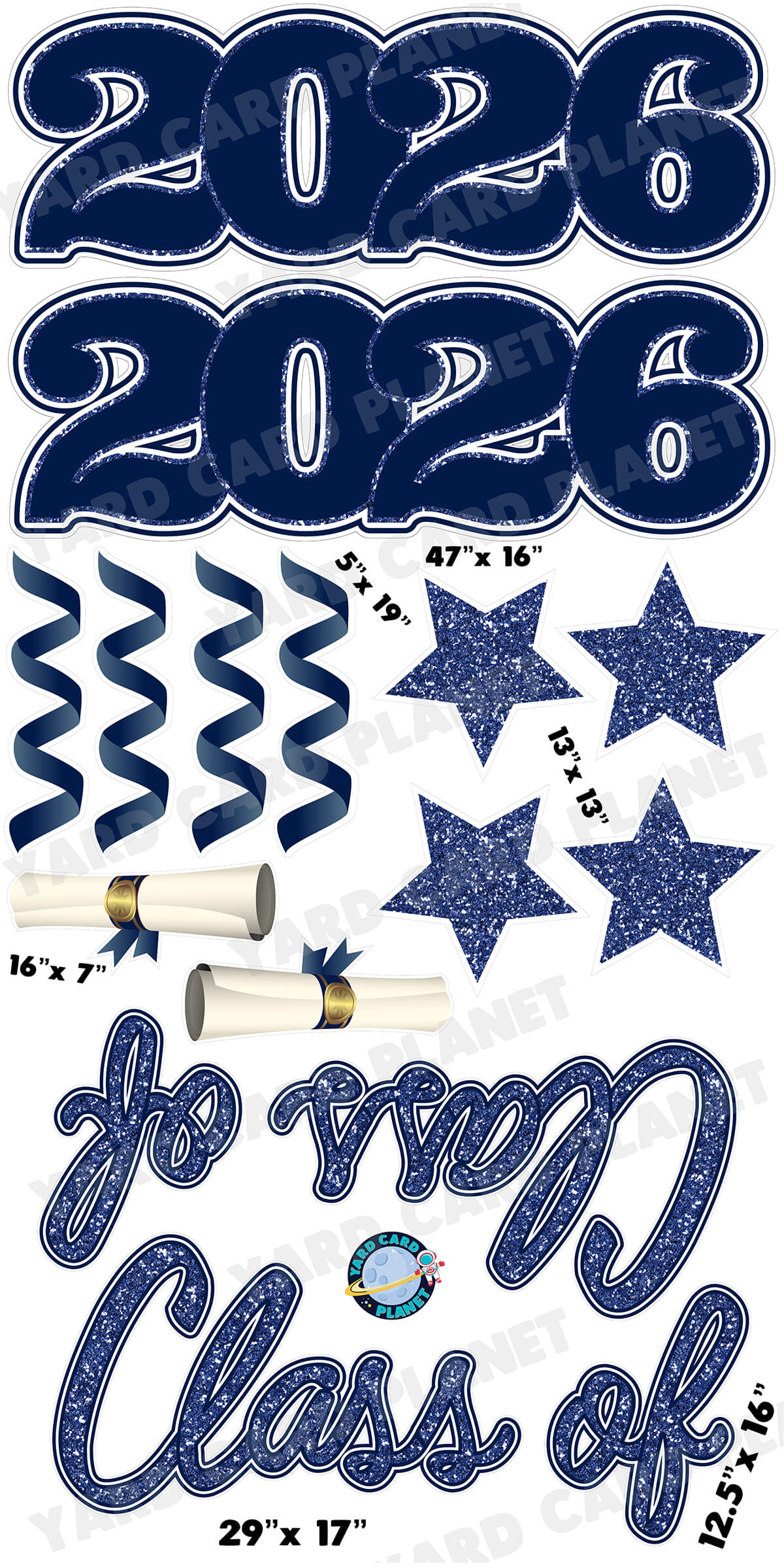 Navy Blue Glitter Pattern Class of 2026 EZ Quick Set and Yard Card Flair Set